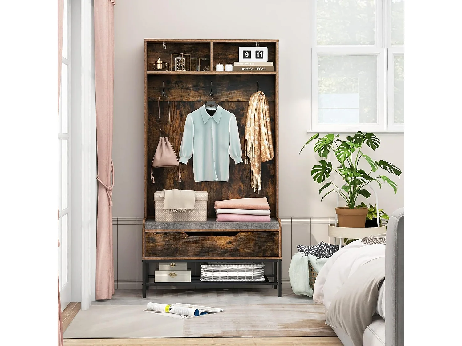 Kapstok met zitbank, 4-in-1 garderobe met open vakken, schoenenkast en 3 haken, kledingstandaard met zitkussen, halgarderobe voor ingang90 x 38,5 x 170 cmVH33683