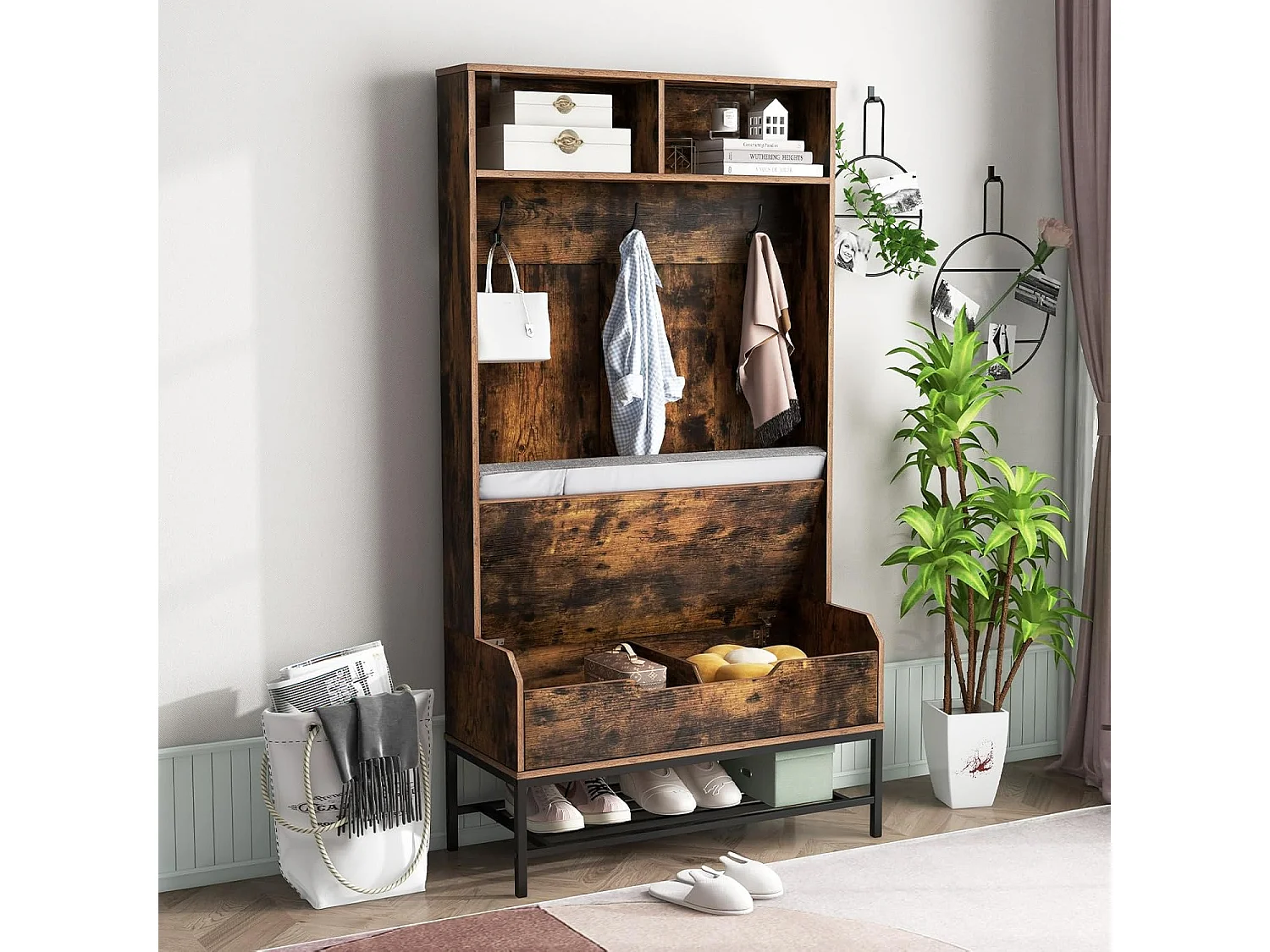 Kapstok met zitbank, 4-in-1 garderobe met open vakken, schoenenkast en 3 haken, kledingstandaard met zitkussen, halgarderobe voor ingang90 x 38,5 x 170 cmVH33683