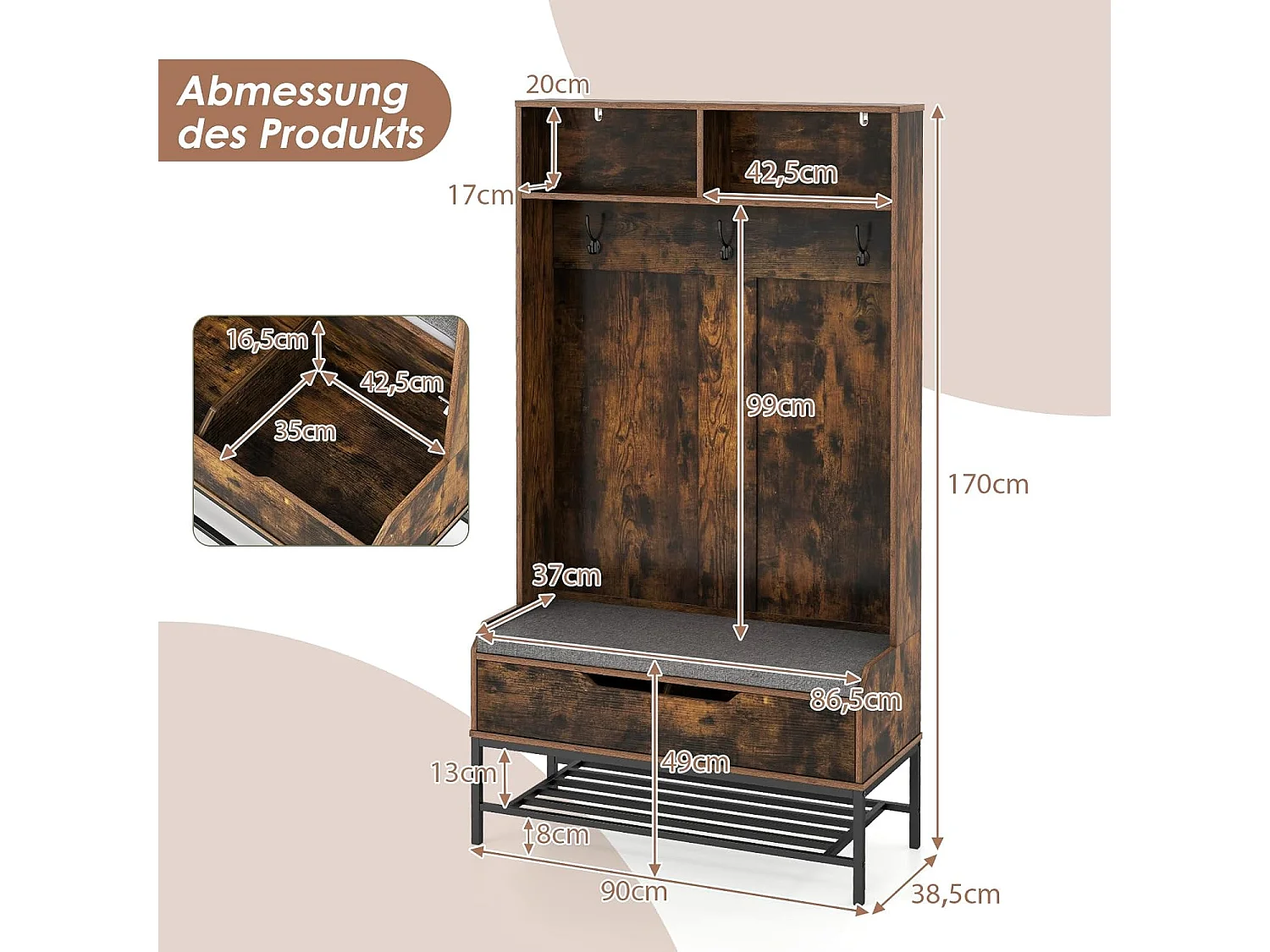 Kapstok met zitbank, 4-in-1 garderobe met open vakken, schoenenkast en 3 haken, kledingstandaard met zitkussen, halgarderobe voor ingang90 x 38,5 x 170 cmVH33683