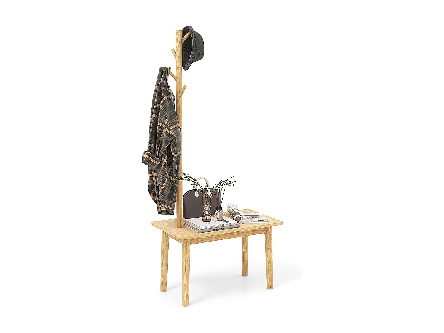 3-in-1 bijzettafel van massief hout, kapstok met schoenenbank en 3 haken, vrijstaande kledingstandaard, multifunctioneel voor slaapkamer, woonkamer(natuur)VH33674