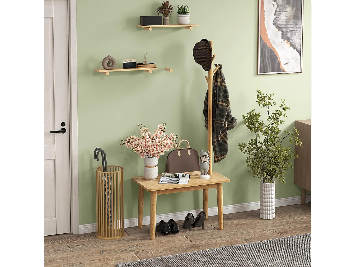 3-in-1 bijzettafel van massief hout, kapstok met schoenenbank en 3 haken, vrijstaande kledingstandaard, multifunctioneel voor slaapkamer, woonkamer(natuur)VH33674