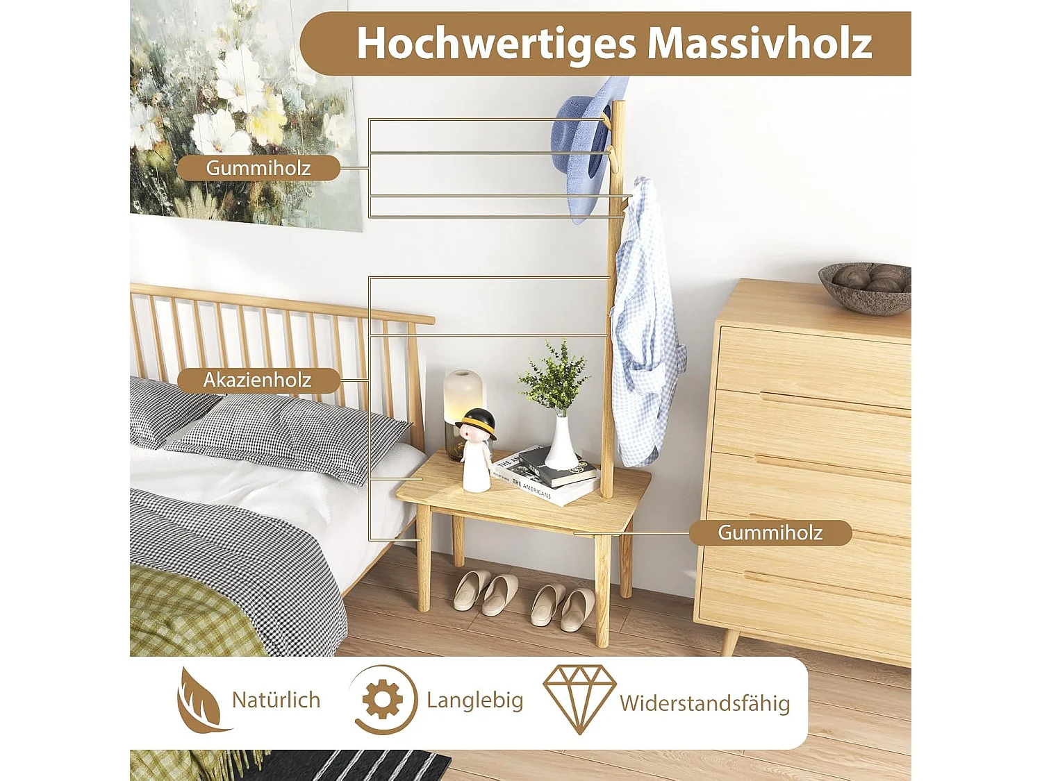 3-in-1 bijzettafel van massief hout, kapstok met schoenenbank en 3 haken, vrijstaande kledingstandaard, multifunctioneel voor slaapkamer, woonkamer(natuur)VH33674