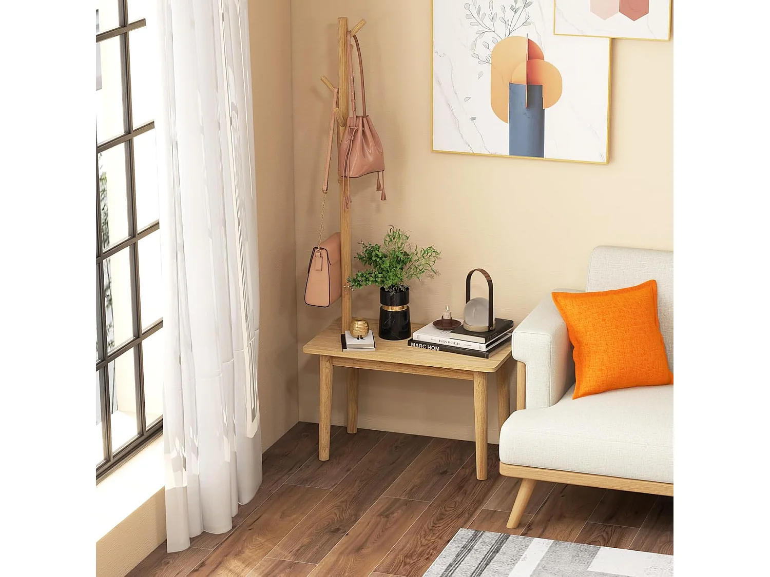 3-in-1 bijzettafel van massief hout, kapstok met schoenenbank en 3 haken, vrijstaande kledingstandaard, multifunctioneel voor slaapkamer, woonkamer(natuur)VH33674