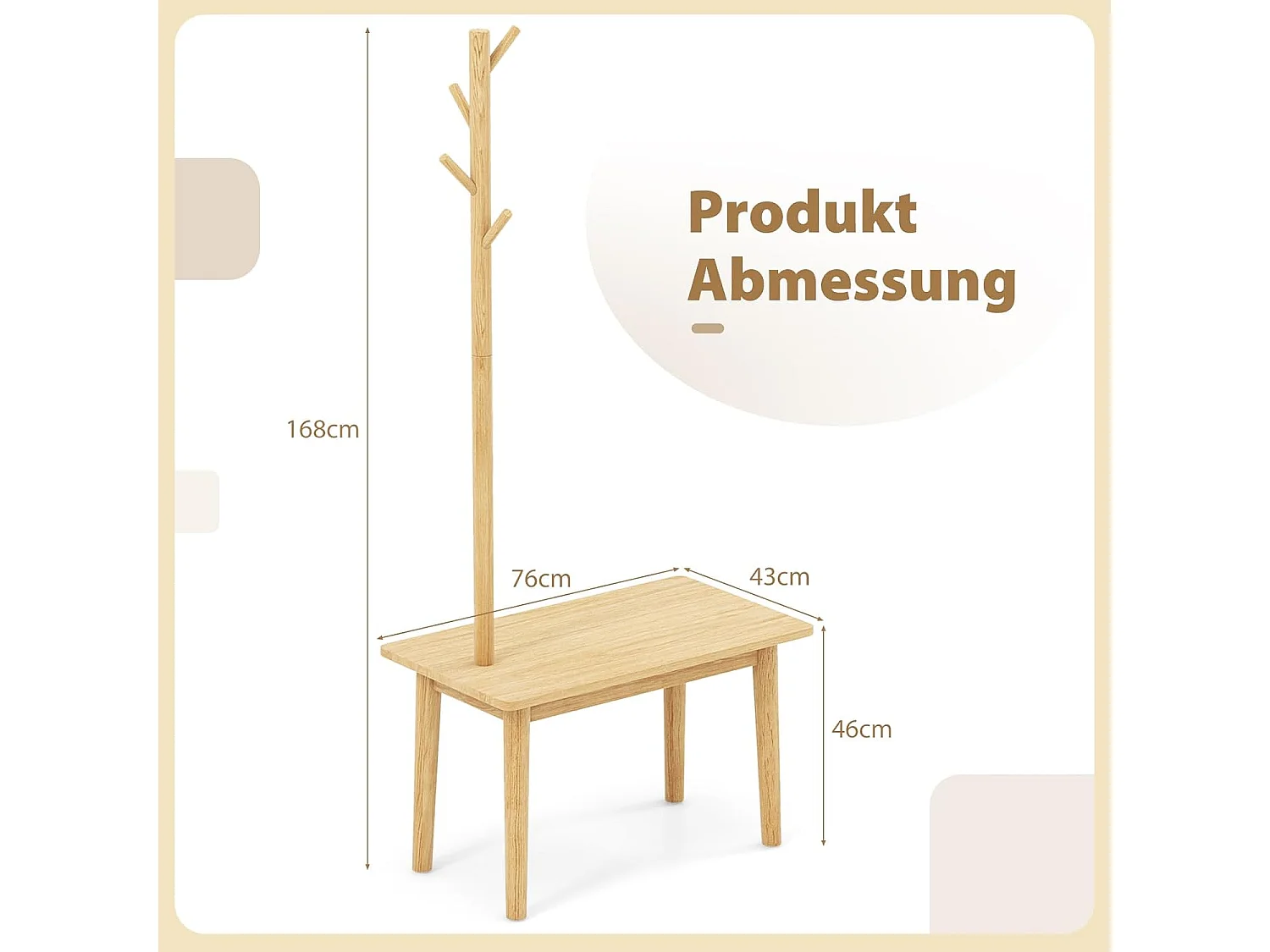 3-in-1 bijzettafel van massief hout, kapstok met schoenenbank en 3 haken, vrijstaande kledingstandaard, multifunctioneel voor slaapkamer, woonkamer(natuur)VH33674