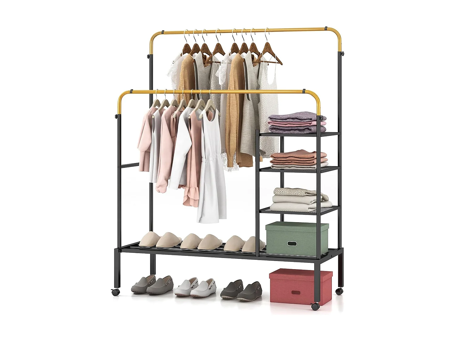 Kledingrek met 2 kledingstangen, wasrek op wieltjes, kapstok in hoogte verstelbaar met 3 lagen zijplanken, mantelstandaard van metaal, 135 x 54 x 170 cmVL32466