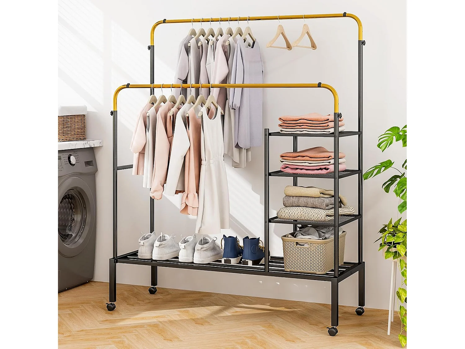 Kledingrek met 2 kledingstangen, wasrek op wieltjes, kapstok in hoogte verstelbaar met 3 lagen zijplanken, mantelstandaard van metaal, 135 x 54 x 170 cmVL32466
