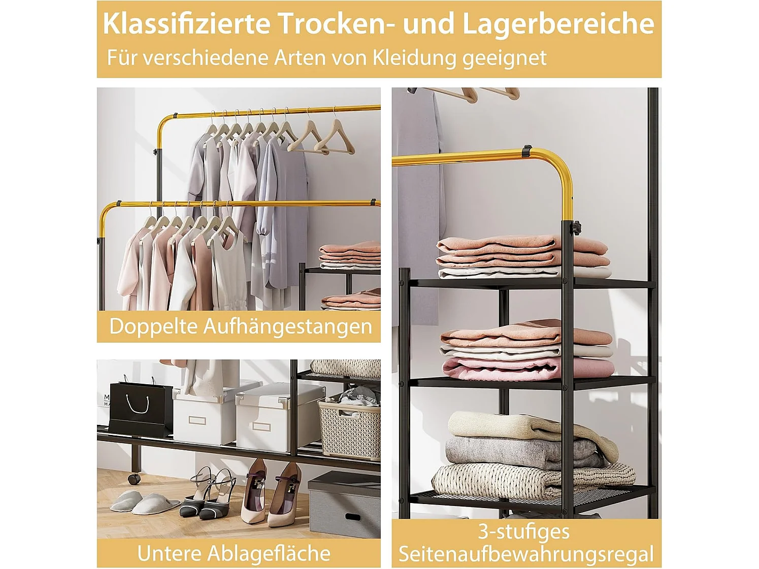 Kledingrek met 2 kledingstangen, wasrek op wieltjes, kapstok in hoogte verstelbaar met 3 lagen zijplanken, mantelstandaard van metaal, 135 x 54 x 170 cmVL32466