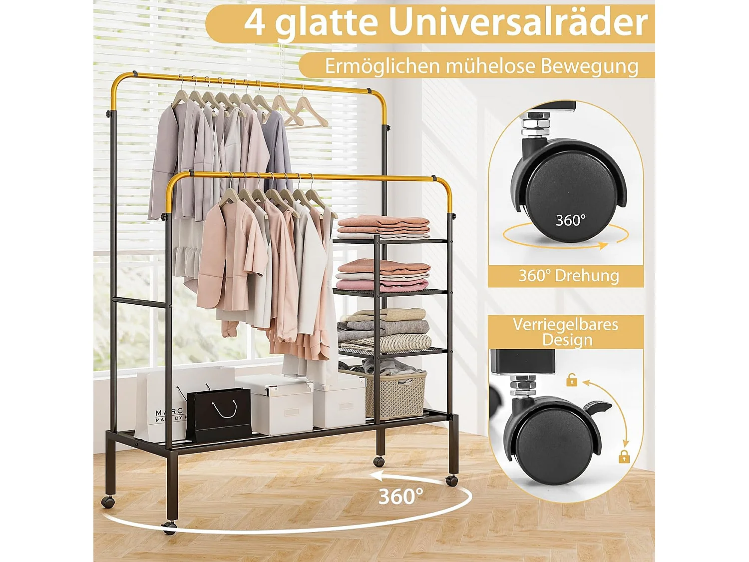 Kledingrek met 2 kledingstangen, wasrek op wieltjes, kapstok in hoogte verstelbaar met 3 lagen zijplanken, mantelstandaard van metaal, 135 x 54 x 170 cmVL32466