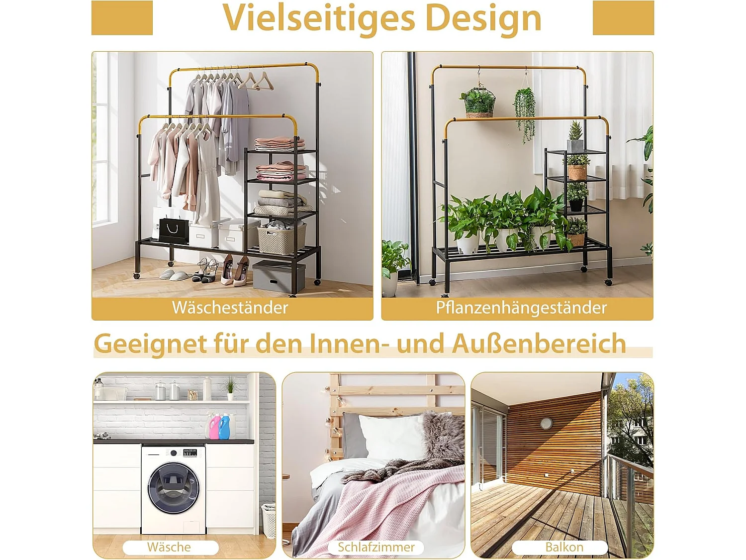 Kledingrek met 2 kledingstangen, wasrek op wieltjes, kapstok in hoogte verstelbaar met 3 lagen zijplanken, mantelstandaard van metaal, 135 x 54 x 170 cmVL32466