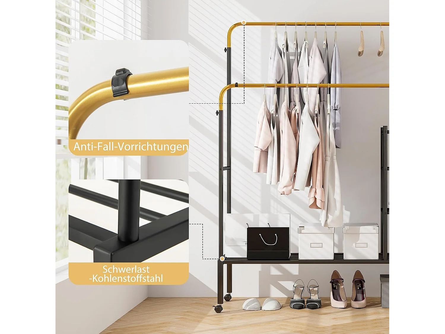 Kledingrek met 2 kledingstangen, wasrek op wieltjes, kapstok in hoogte verstelbaar met 3 lagen zijplanken, mantelstandaard van metaal, 135 x 54 x 170 cmVL32466