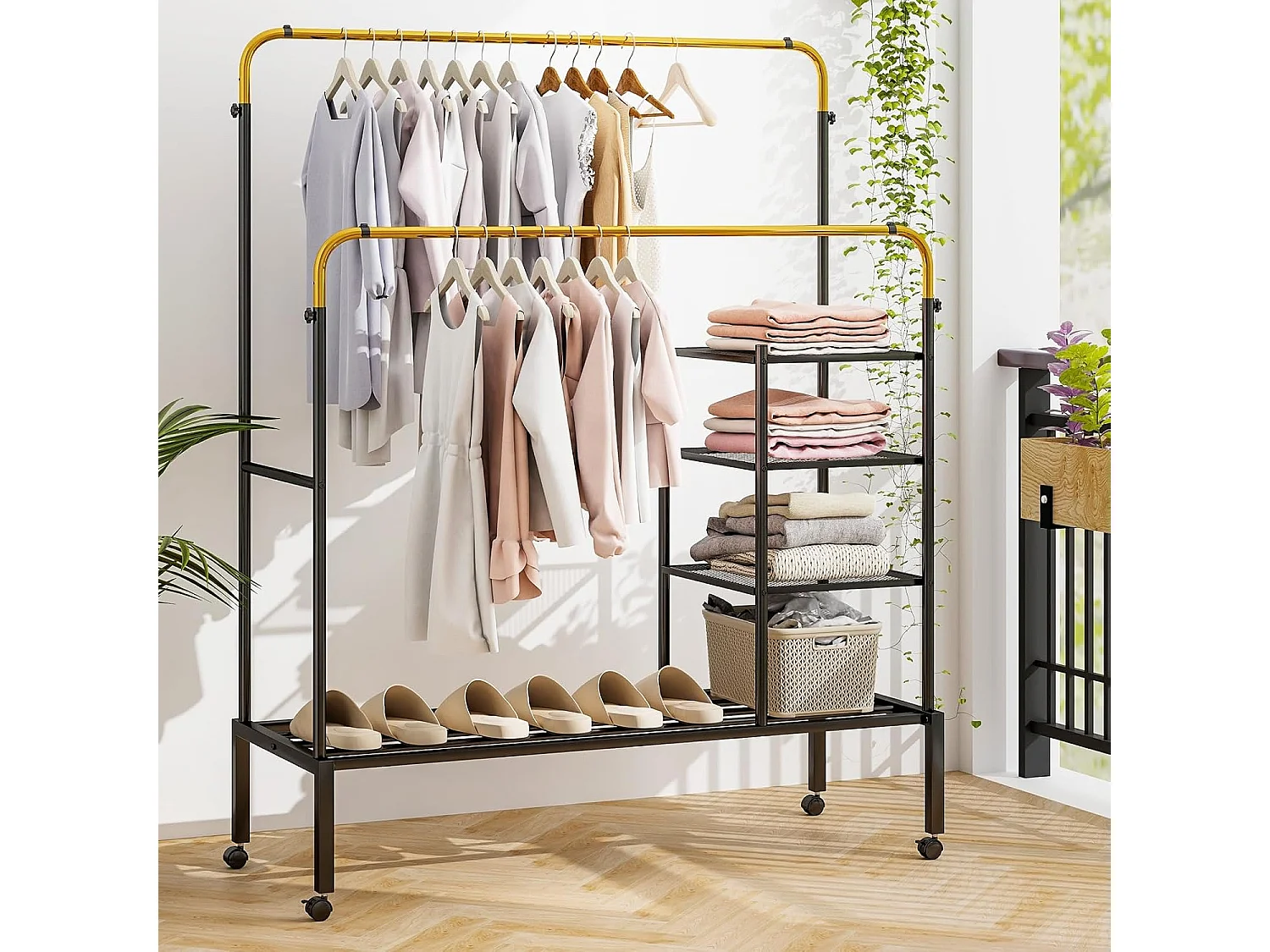 Kledingrek met 2 kledingstangen, wasrek op wieltjes, kapstok in hoogte verstelbaar met 3 lagen zijplanken, mantelstandaard van metaal, 135 x 54 x 170 cmVL32466