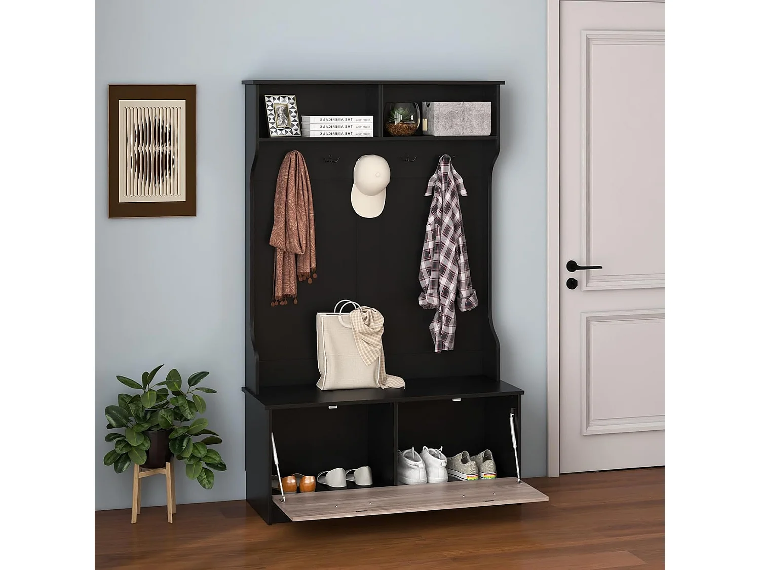 Kapstok met zitbank en 5 dubbele haken, garderobe met open vakken en schoenenkast, halgarderobe voor entree, slaapkamer, 100 x 40 x 160 cm (zwart)TG32660