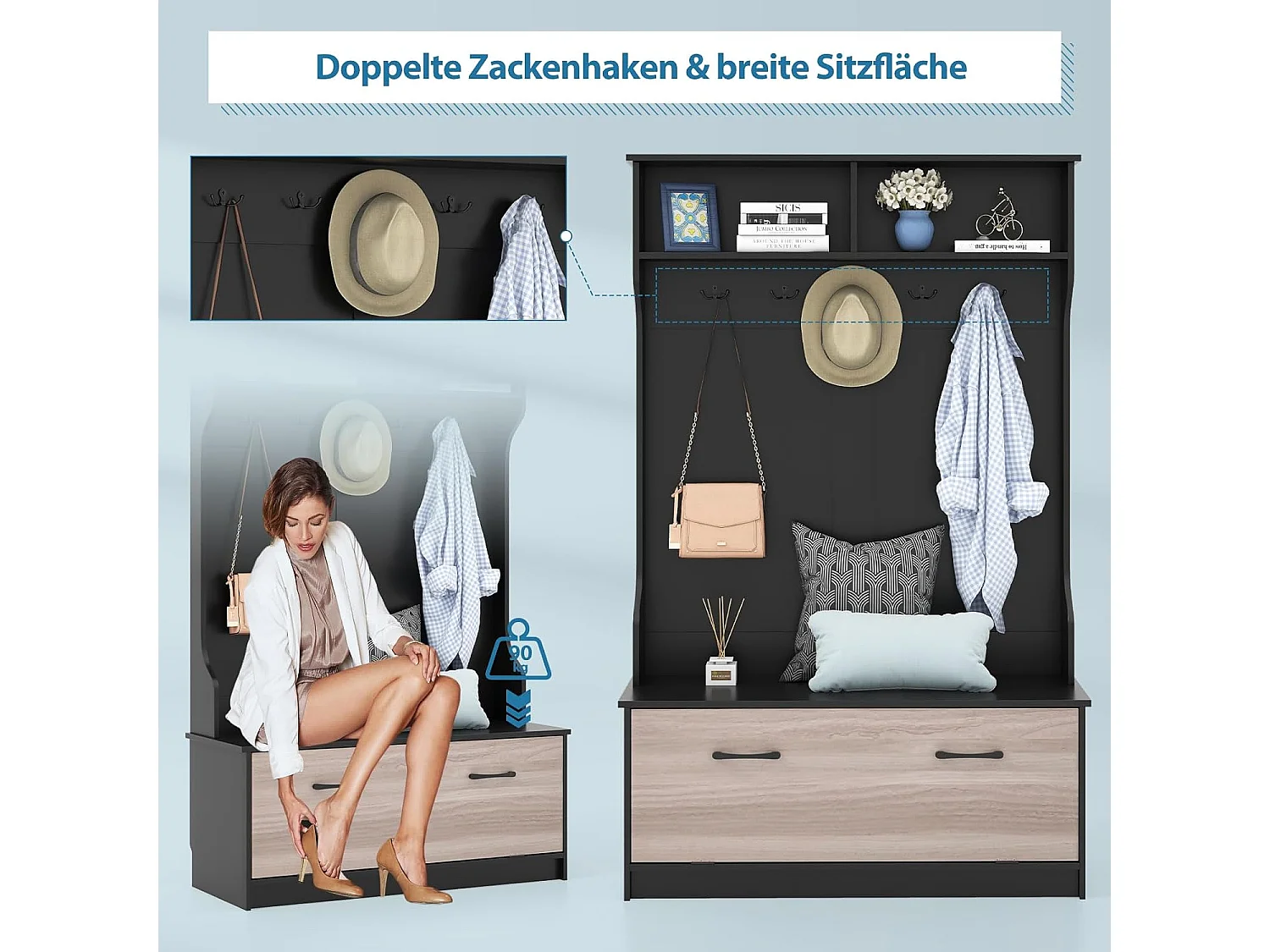 Kapstok met zitbank en 5 dubbele haken, garderobe met open vakken en schoenenkast, halgarderobe voor entree, slaapkamer, 100 x 40 x 160 cm (zwart)TG32660