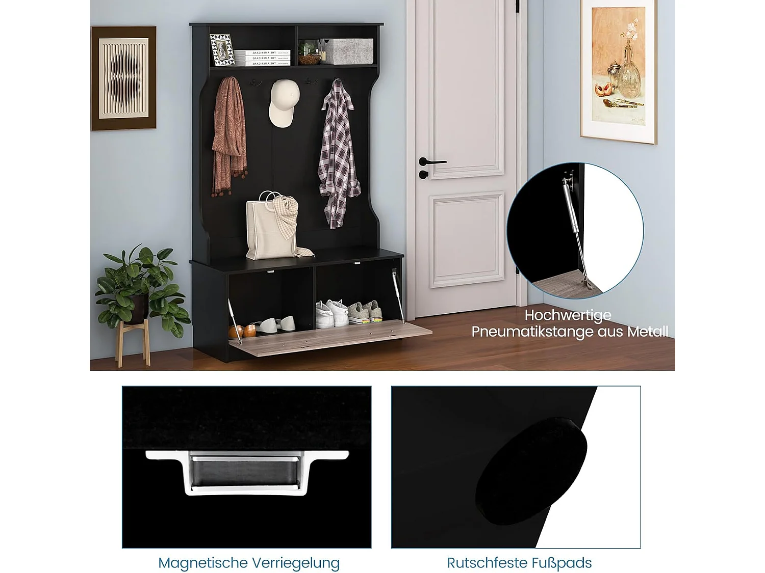 Kapstok met zitbank en 5 dubbele haken, garderobe met open vakken en schoenenkast, halgarderobe voor entree, slaapkamer, 100 x 40 x 160 cm (zwart)TG32660