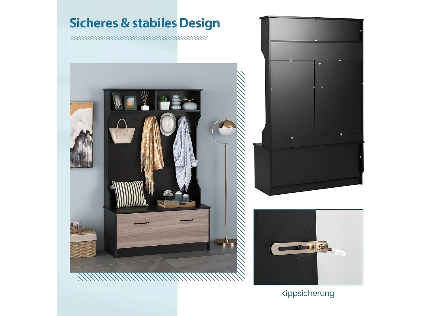 Kapstok met zitbank en 5 dubbele haken, garderobe met open vakken en schoenenkast, halgarderobe voor entree, slaapkamer, 100 x 40 x 160 cm (zwart)TG32660