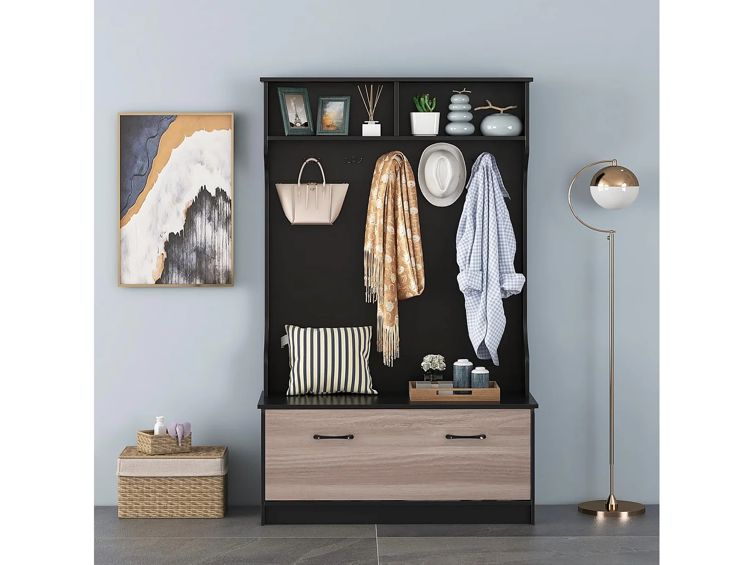 Kapstok met zitbank en 5 dubbele haken, garderobe met open vakken en schoenenkast, halgarderobe voor entree, slaapkamer, 100 x 40 x 160 cm (zwart)TG32660