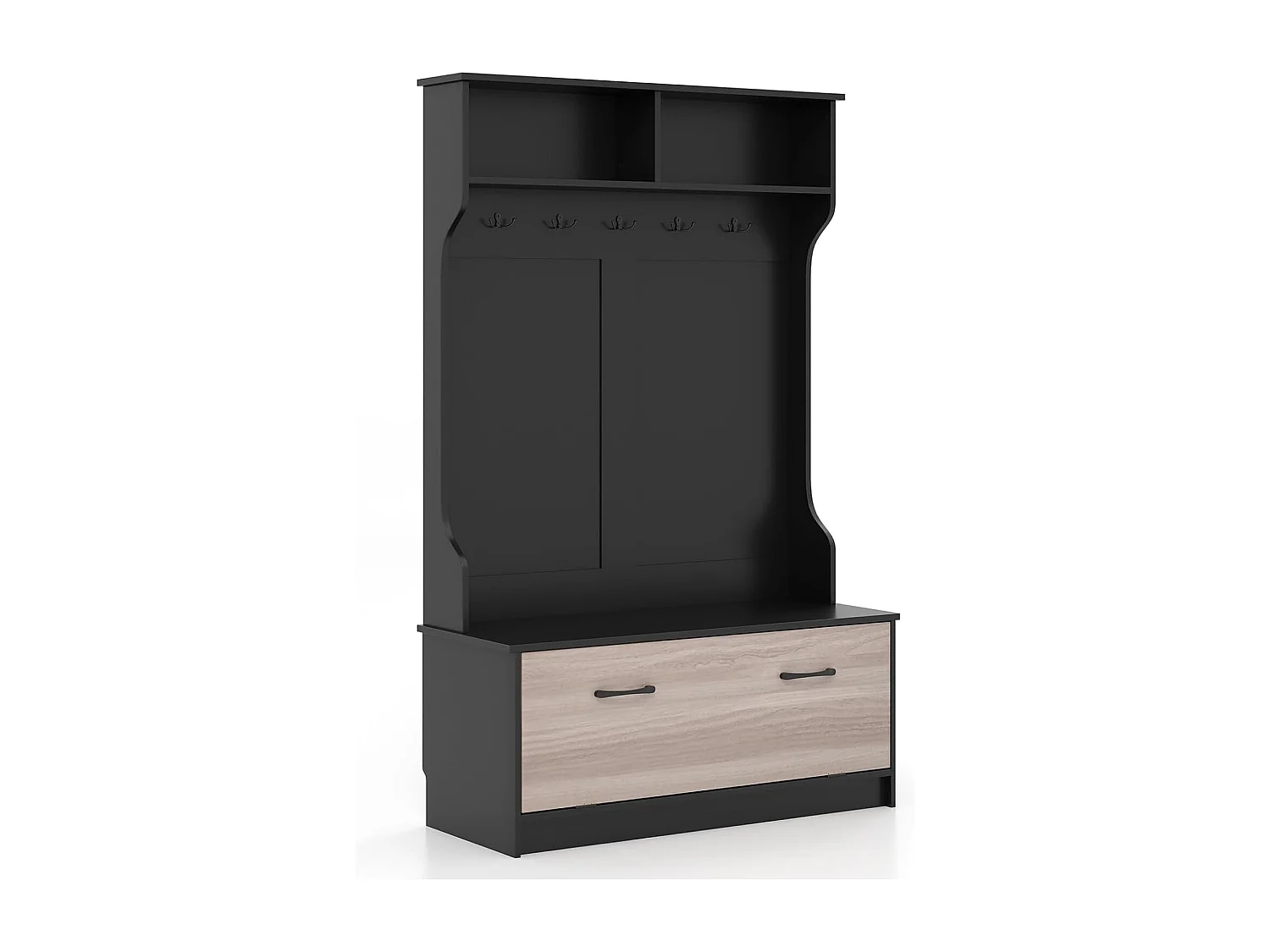 Kapstok met zitbank en 5 dubbele haken, garderobe met open vakken en schoenenkast, halgarderobe voor entree, slaapkamer, 100 x 40 x 160 cm (zwart)TG32660