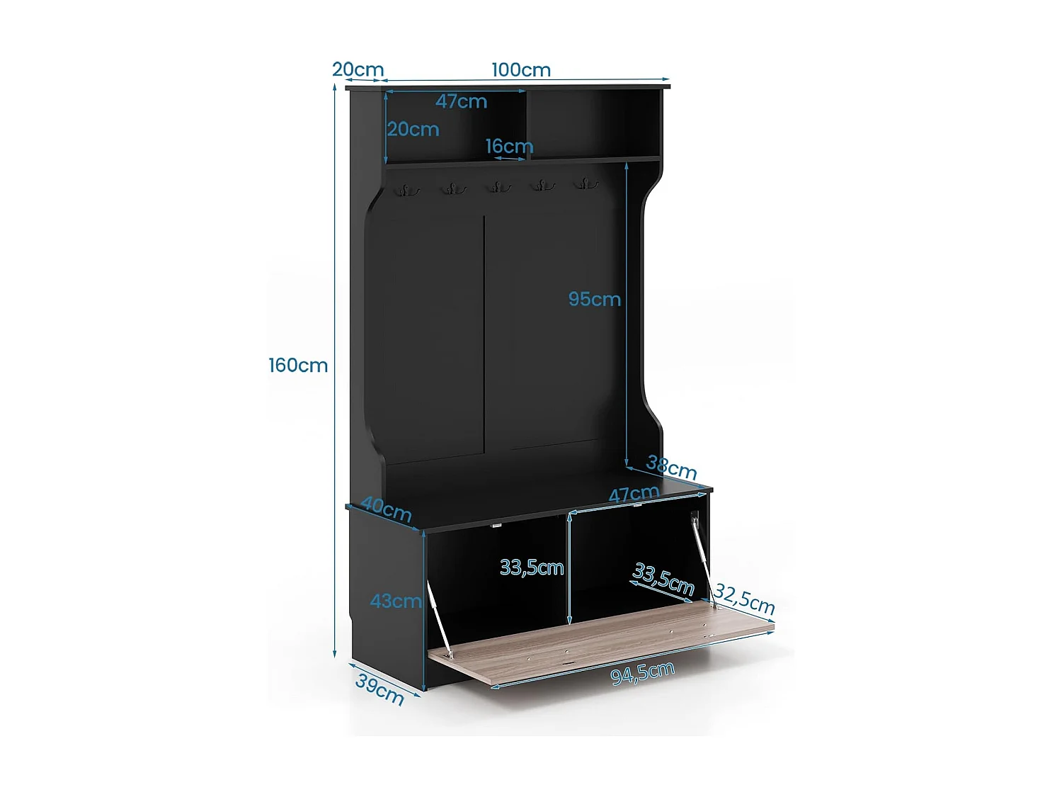 Kapstok met zitbank en 5 dubbele haken, garderobe met open vakken en schoenenkast, halgarderobe voor entree, slaapkamer, 100 x 40 x 160 cm (zwart)TG32660