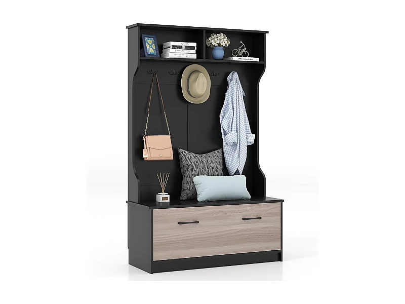 Kapstok met zitbank en 5 dubbele haken, garderobe met open vakken en schoenenkast, halgarderobe voor entree, slaapkamer, 100 x 40 x 160 cm (zwart)TG32660
