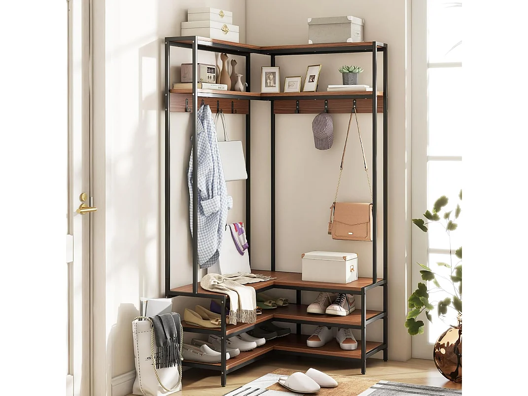 Hoekkapstok met zitbank, L-vormige kledingstandaard met open planken en 7 haken, garderobe, halgarderobe voor hal en slaapkamer, 90 x 90 x 178 cm (walnoot)TG32777