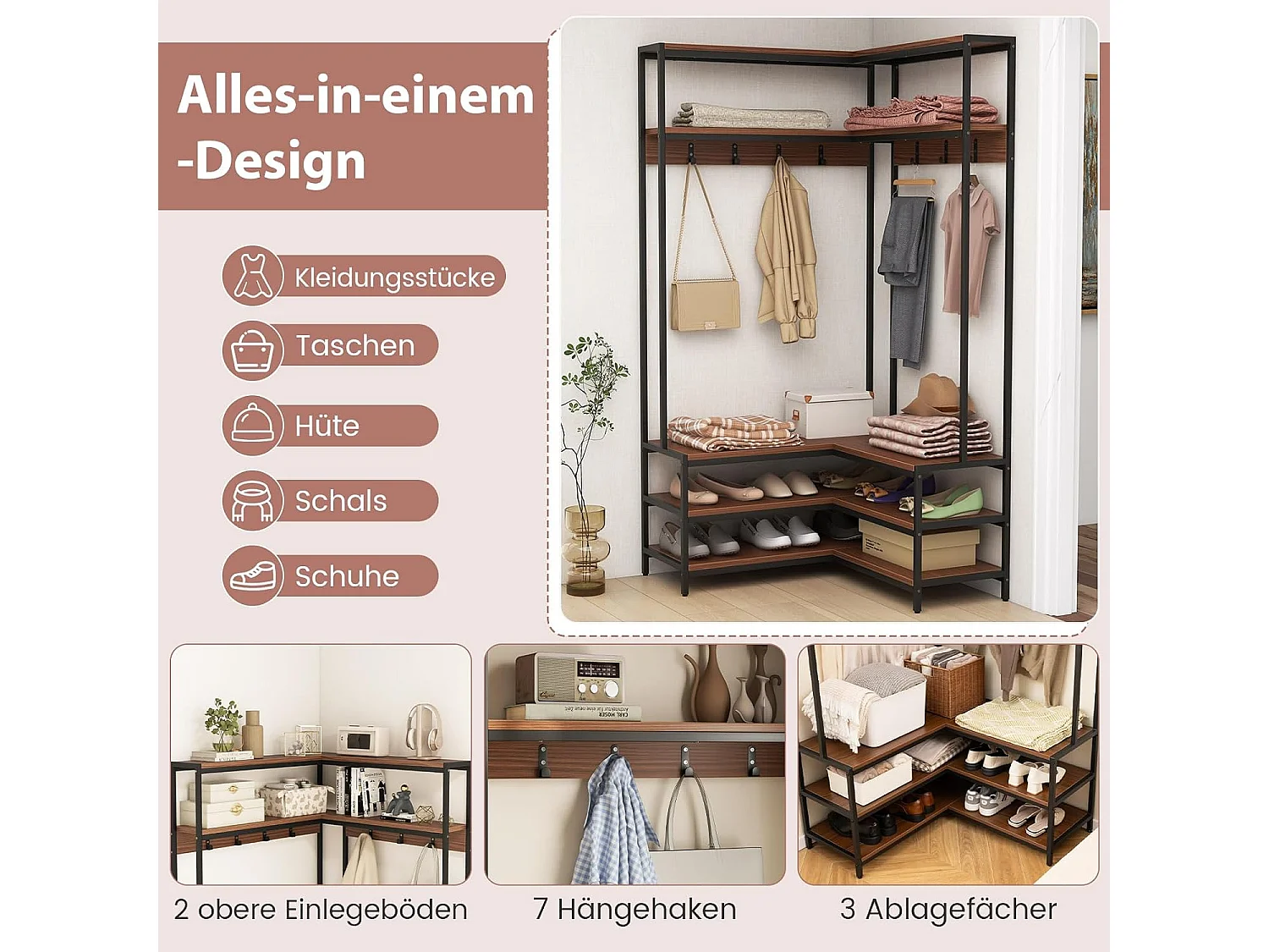 Hoekkapstok met zitbank, L-vormige kledingstandaard met open planken en 7 haken, garderobe, halgarderobe voor hal en slaapkamer, 90 x 90 x 178 cm (walnoot)TG32777