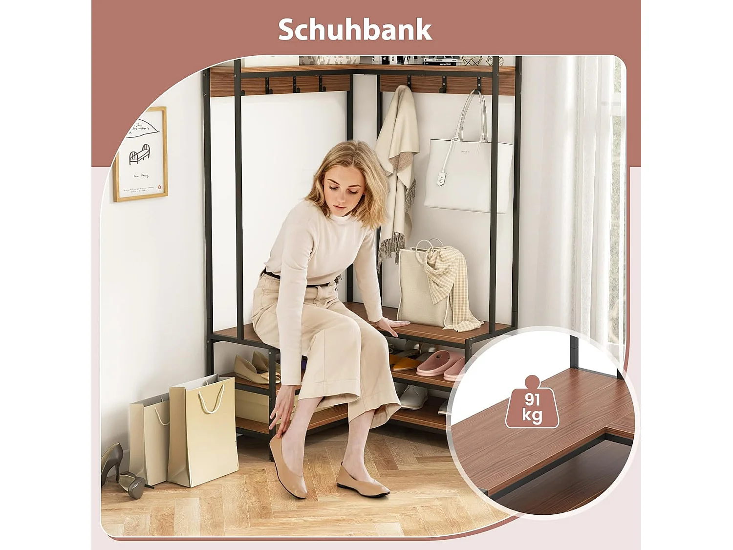 Hoekkapstok met zitbank, L-vormige kledingstandaard met open planken en 7 haken, garderobe, halgarderobe voor hal en slaapkamer, 90 x 90 x 178 cm (walnoot)TG32777