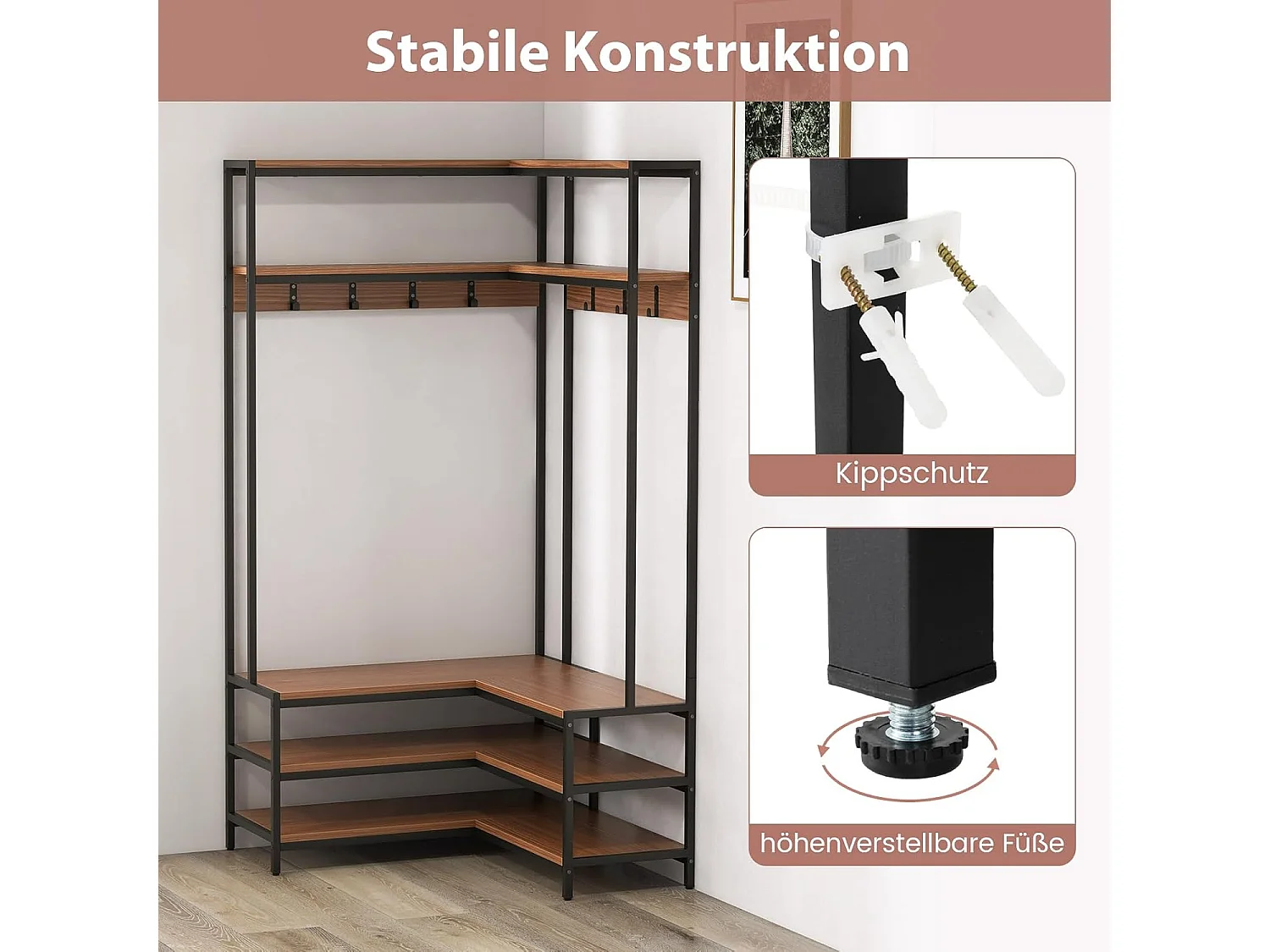 Hoekkapstok met zitbank, L-vormige kledingstandaard met open planken en 7 haken, garderobe, halgarderobe voor hal en slaapkamer, 90 x 90 x 178 cm (walnoot)TG32777