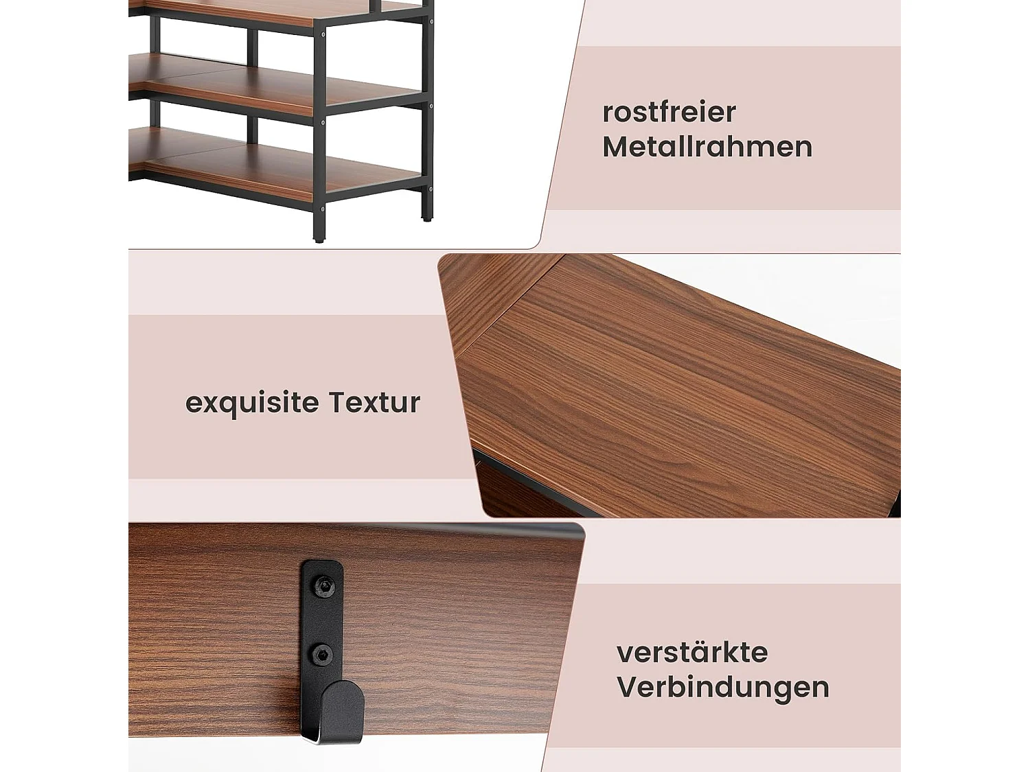 Hoekkapstok met zitbank, L-vormige kledingstandaard met open planken en 7 haken, garderobe, halgarderobe voor hal en slaapkamer, 90 x 90 x 178 cm (walnoot)TG32777