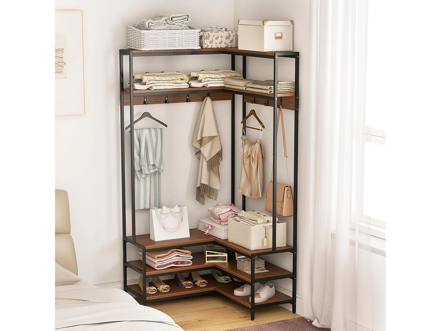 Hoekkapstok met zitbank, L-vormige kledingstandaard met open planken en 7 haken, garderobe, halgarderobe voor hal en slaapkamer, 90 x 90 x 178 cm (walnoot)TG32777