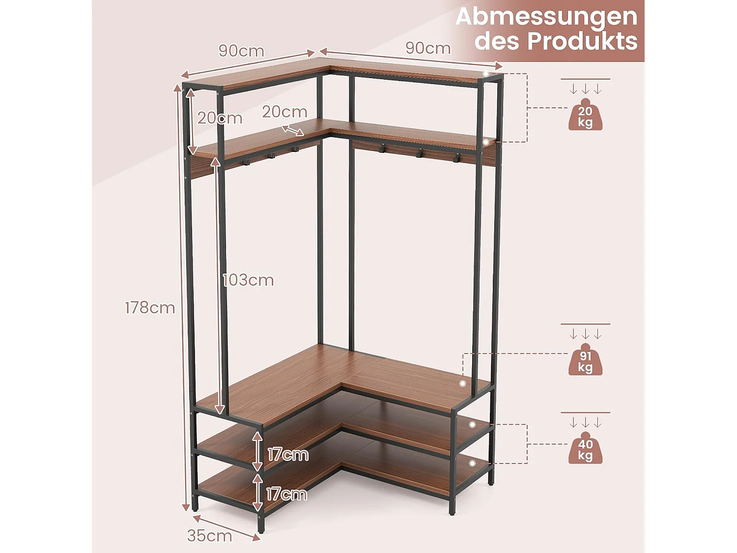 Hoekkapstok met zitbank, L-vormige kledingstandaard met open planken en 7 haken, garderobe, halgarderobe voor hal en slaapkamer, 90 x 90 x 178 cm (walnoot)TG32777