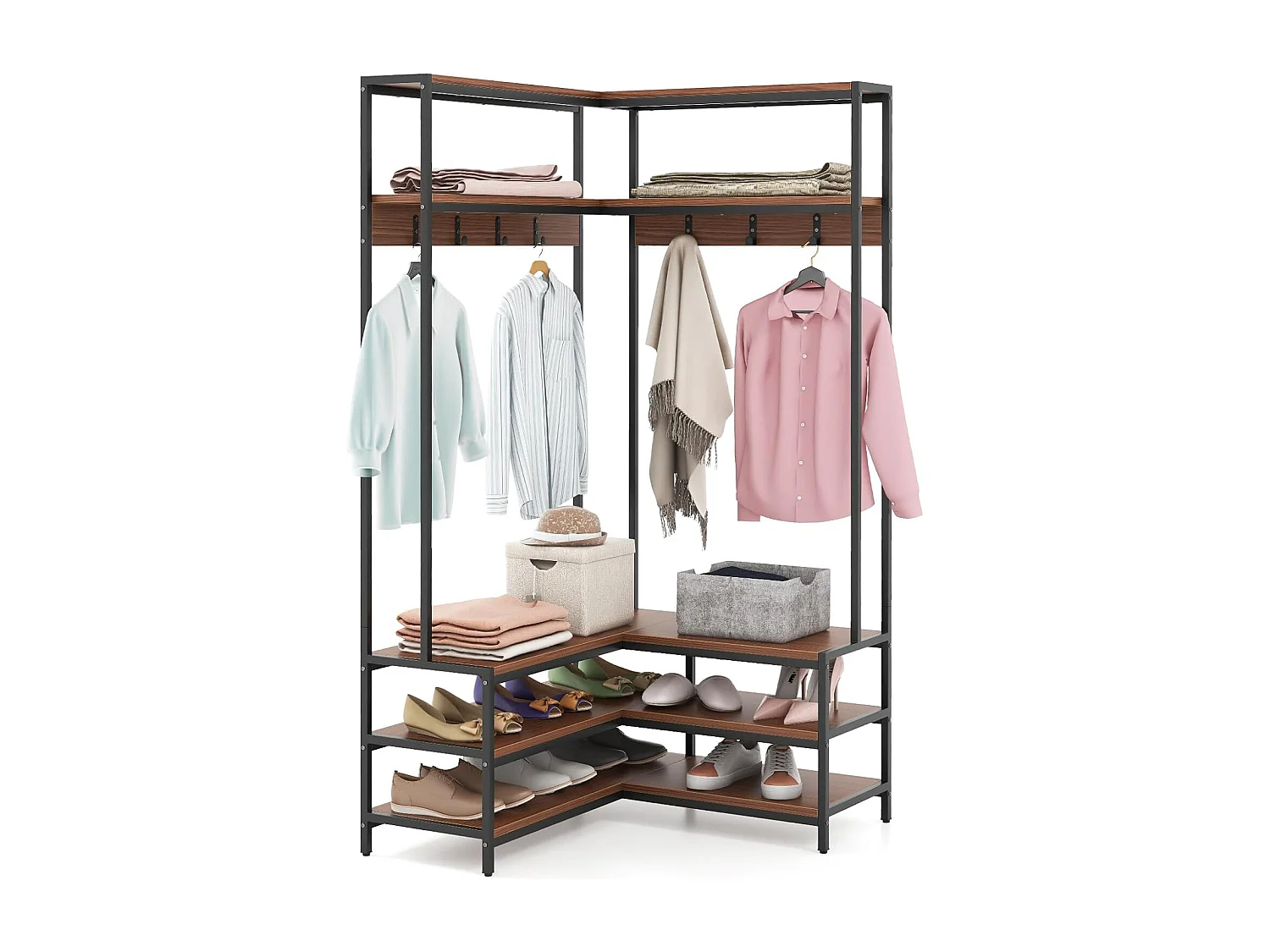 Hoekkapstok met zitbank, L-vormige kledingstandaard met open planken en 7 haken, garderobe, halgarderobe voor hal en slaapkamer, 90 x 90 x 178 cm (walnoot)TG32777