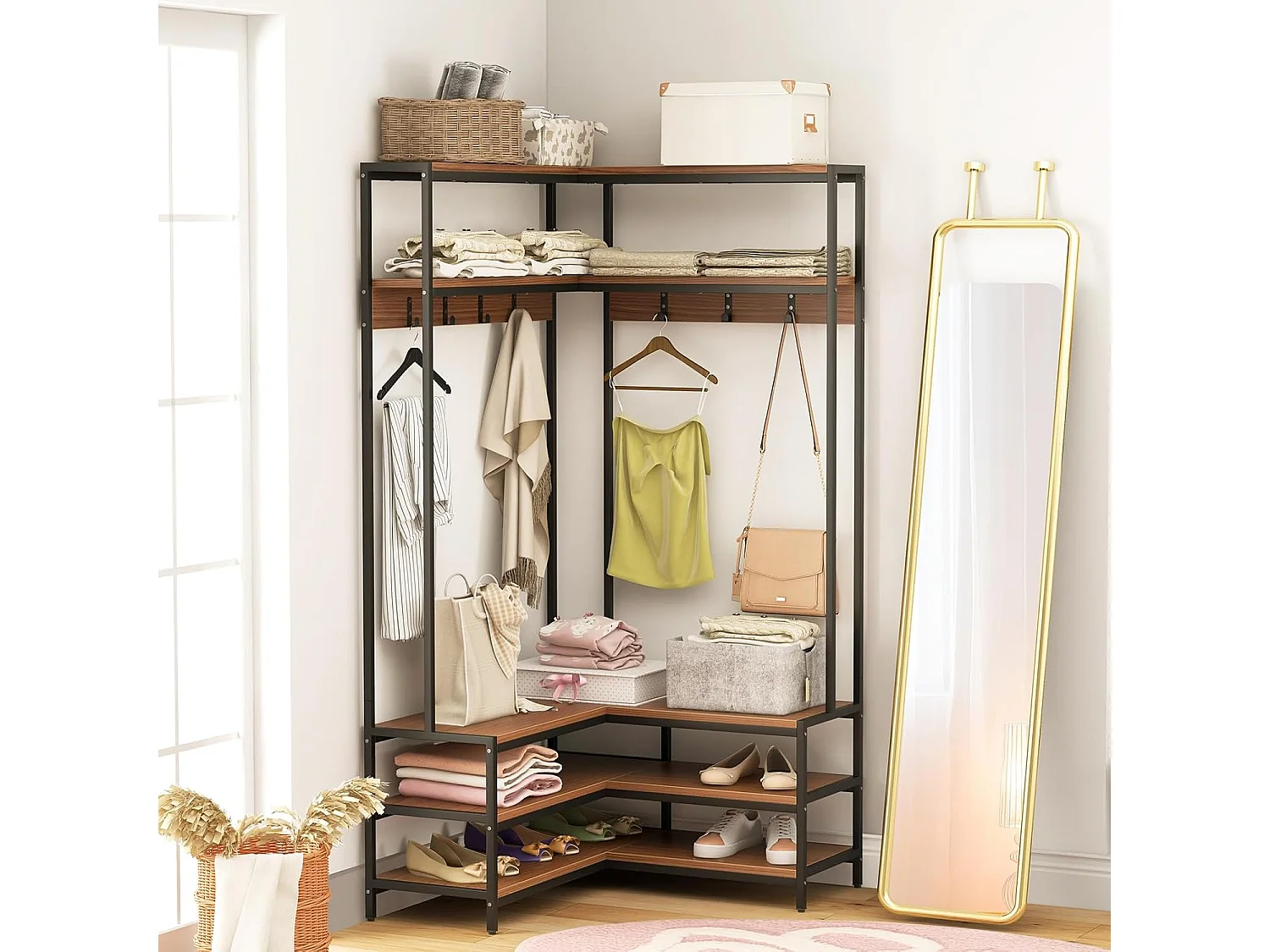 Hoekkapstok met zitbank, L-vormige kledingstandaard met open planken en 7 haken, garderobe, halgarderobe voor hal en slaapkamer, 90 x 90 x 178 cm (walnoot)TG32777
