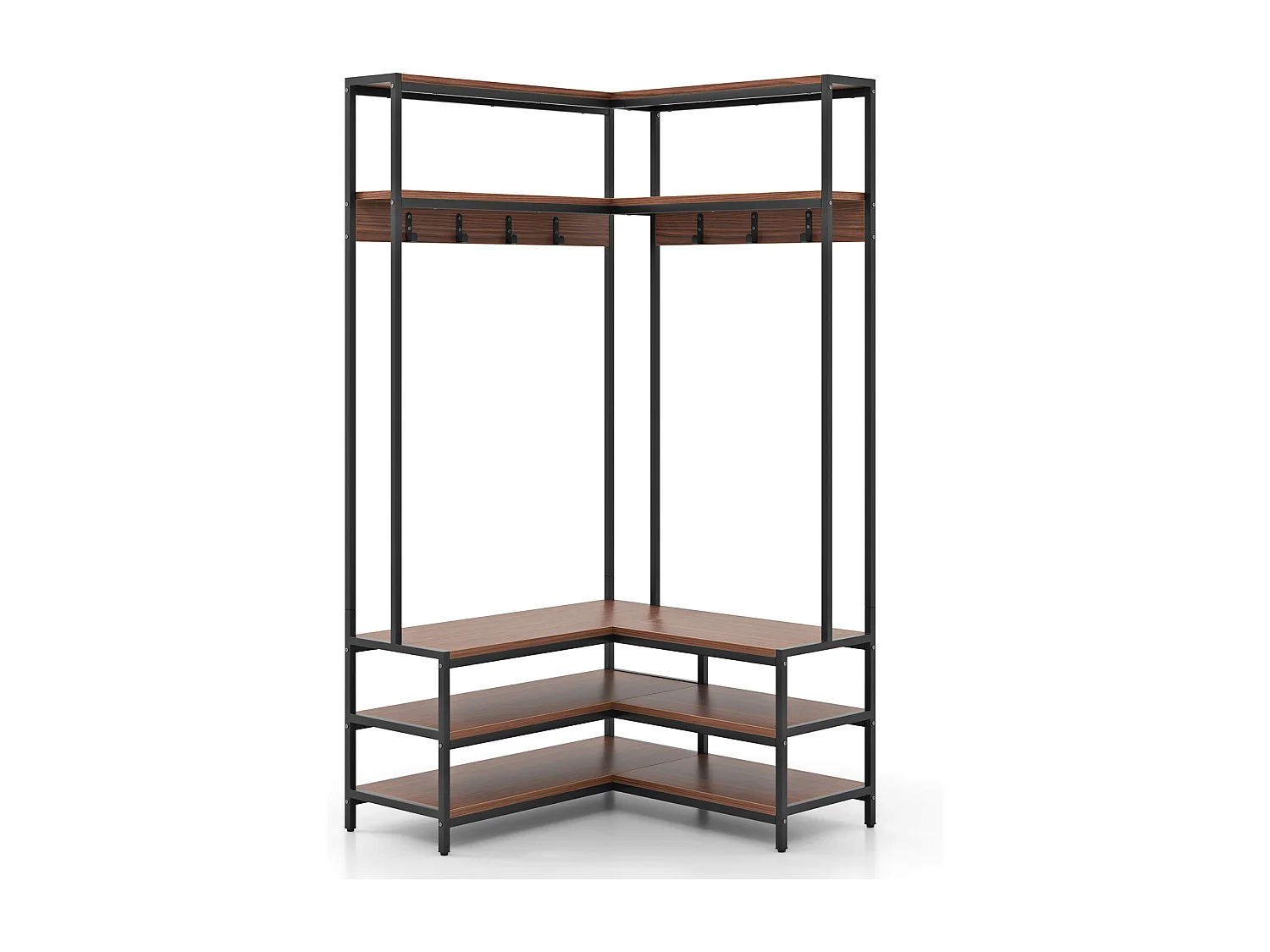 Hoekkapstok met zitbank, L-vormige kledingstandaard met open planken en 7 haken, garderobe, halgarderobe voor hal en slaapkamer, 90 x 90 x 178 cm (walnoot)TG32777