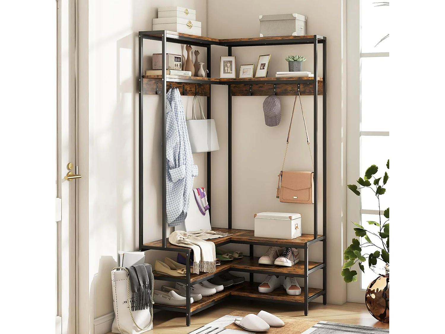 Hoekkapstok met zitbank, L-vormige kledingstandaard met open planken en 7 haken, garderobe, halgarderobe voor hal en slaapkamer, 90 x 90 x 178 cmTG32777