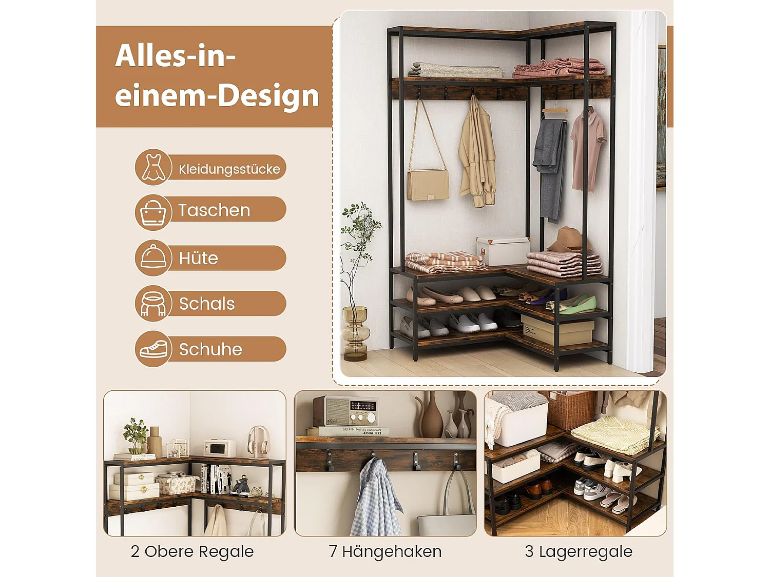Hoekkapstok met zitbank, L-vormige kledingstandaard met open planken en 7 haken, garderobe, halgarderobe voor hal en slaapkamer, 90 x 90 x 178 cmTG32777