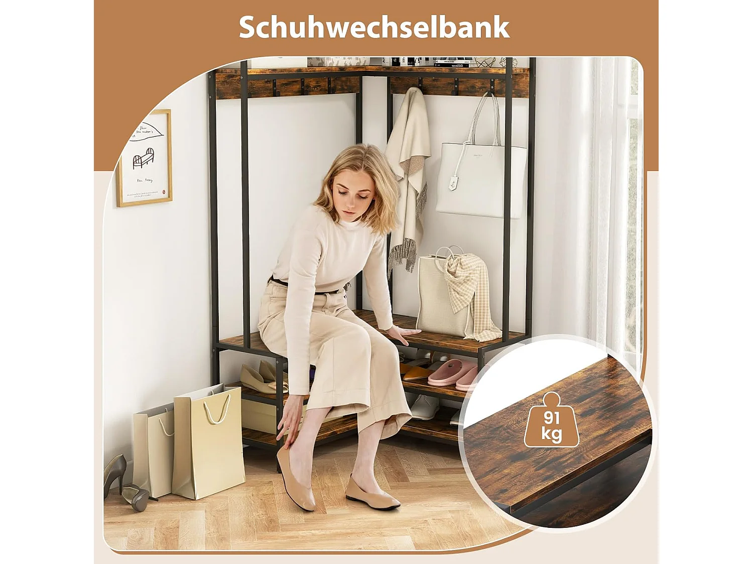Hoekkapstok met zitbank, L-vormige kledingstandaard met open planken en 7 haken, garderobe, halgarderobe voor hal en slaapkamer, 90 x 90 x 178 cmTG32777