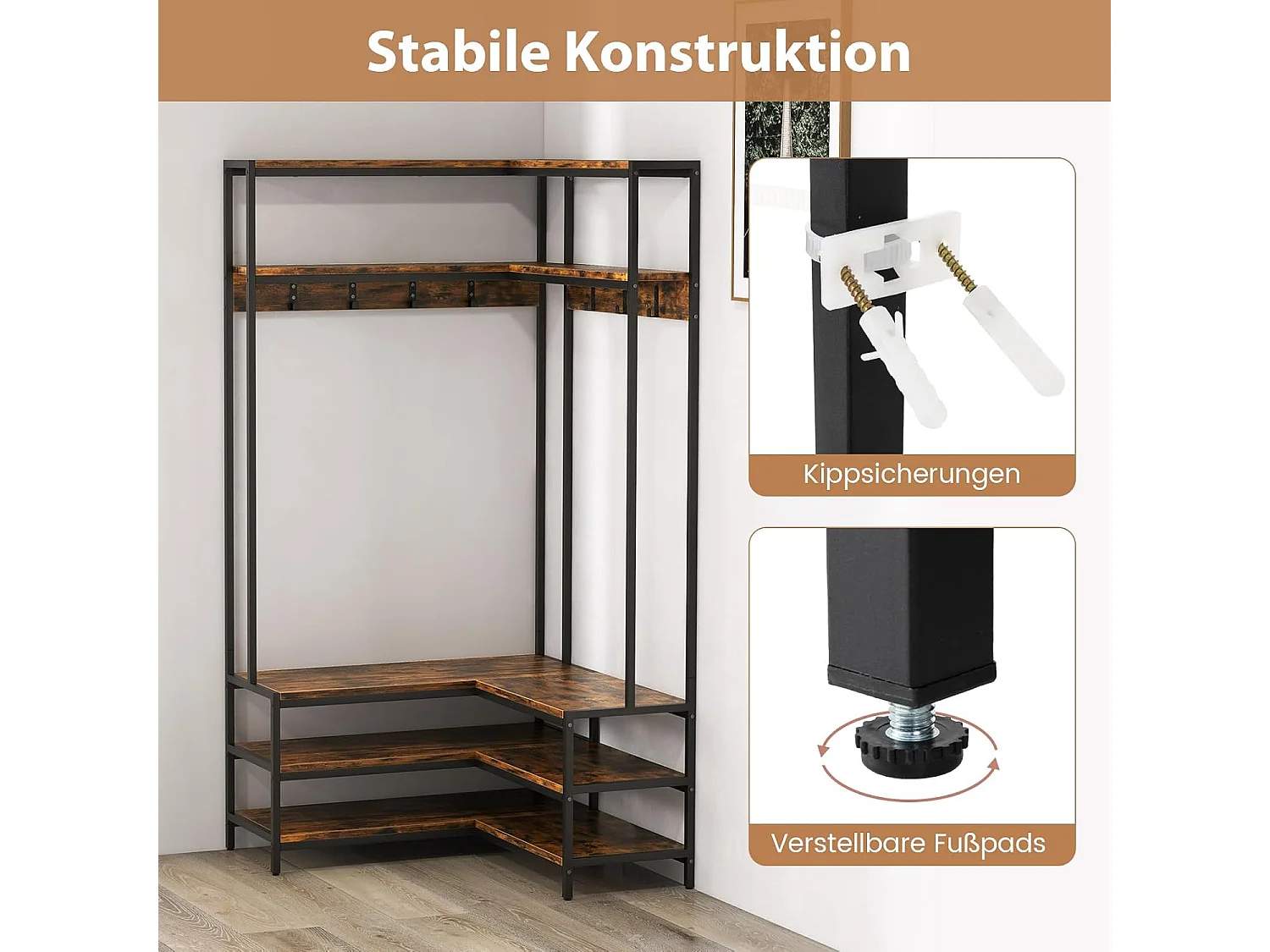 Hoekkapstok met zitbank, L-vormige kledingstandaard met open planken en 7 haken, garderobe, halgarderobe voor hal en slaapkamer, 90 x 90 x 178 cmTG32777