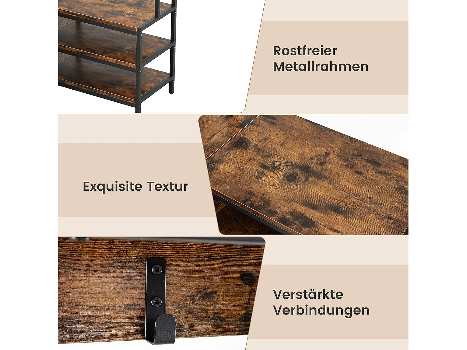 Hoekkapstok met zitbank, L-vormige kledingstandaard met open planken en 7 haken, garderobe, halgarderobe voor hal en slaapkamer, 90 x 90 x 178 cmTG32777