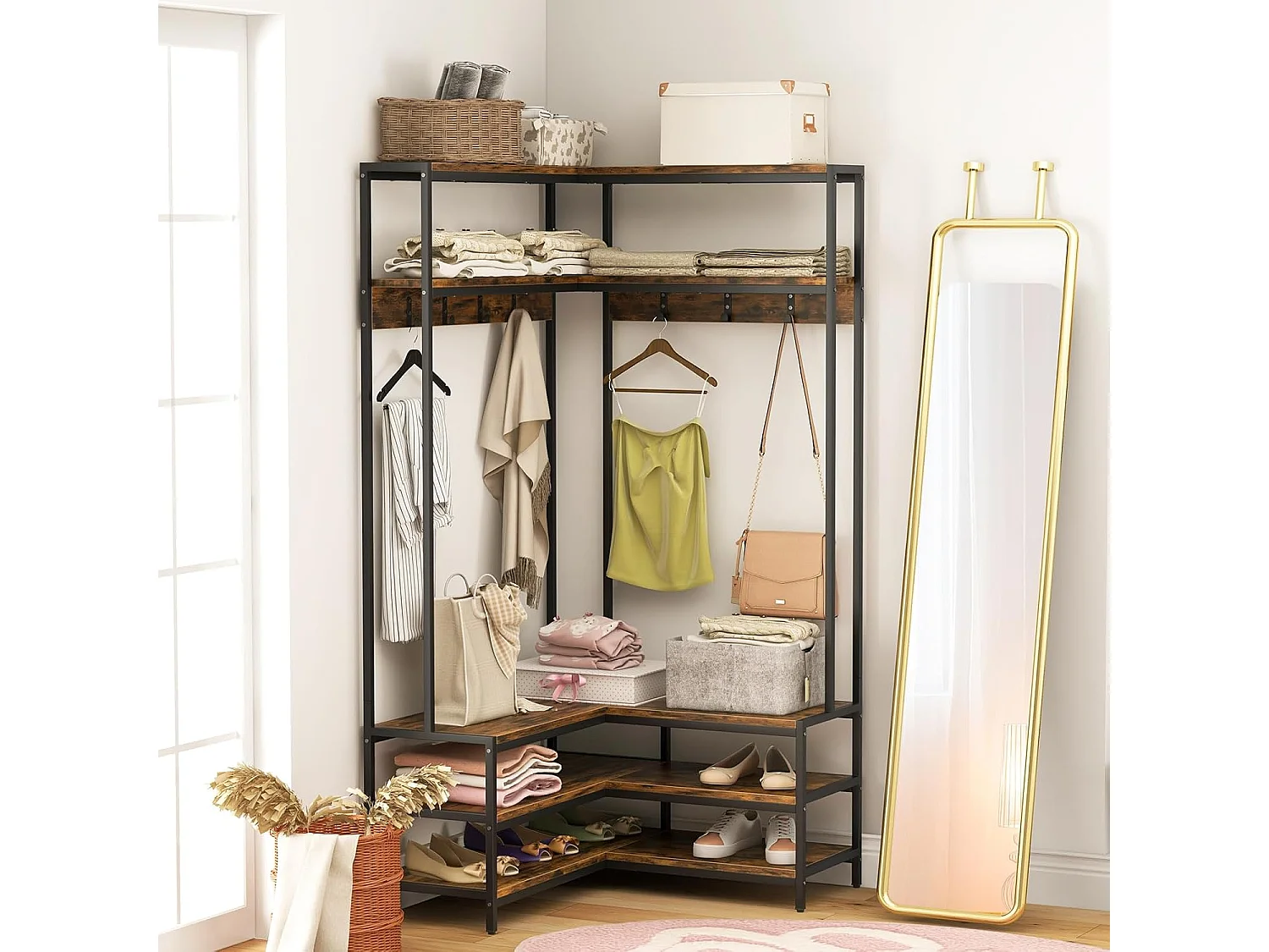 Hoekkapstok met zitbank, L-vormige kledingstandaard met open planken en 7 haken, garderobe, halgarderobe voor hal en slaapkamer, 90 x 90 x 178 cmTG32777