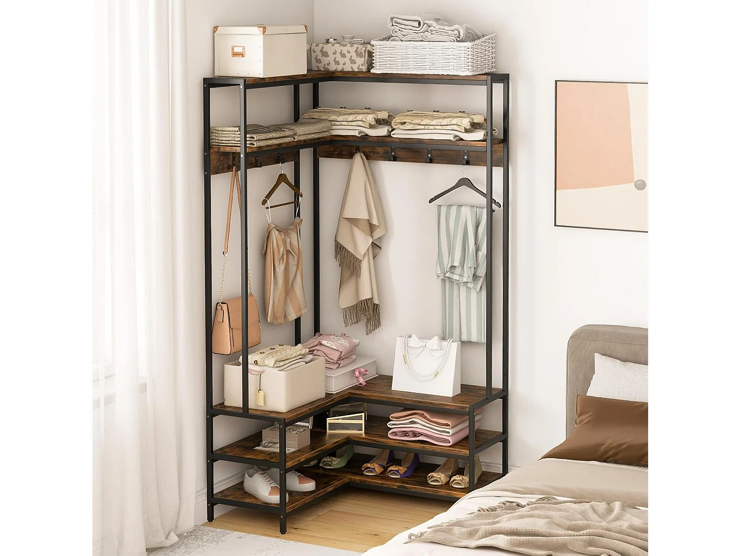 Hoekkapstok met zitbank, L-vormige kledingstandaard met open planken en 7 haken, garderobe, halgarderobe voor hal en slaapkamer, 90 x 90 x 178 cmTG32777