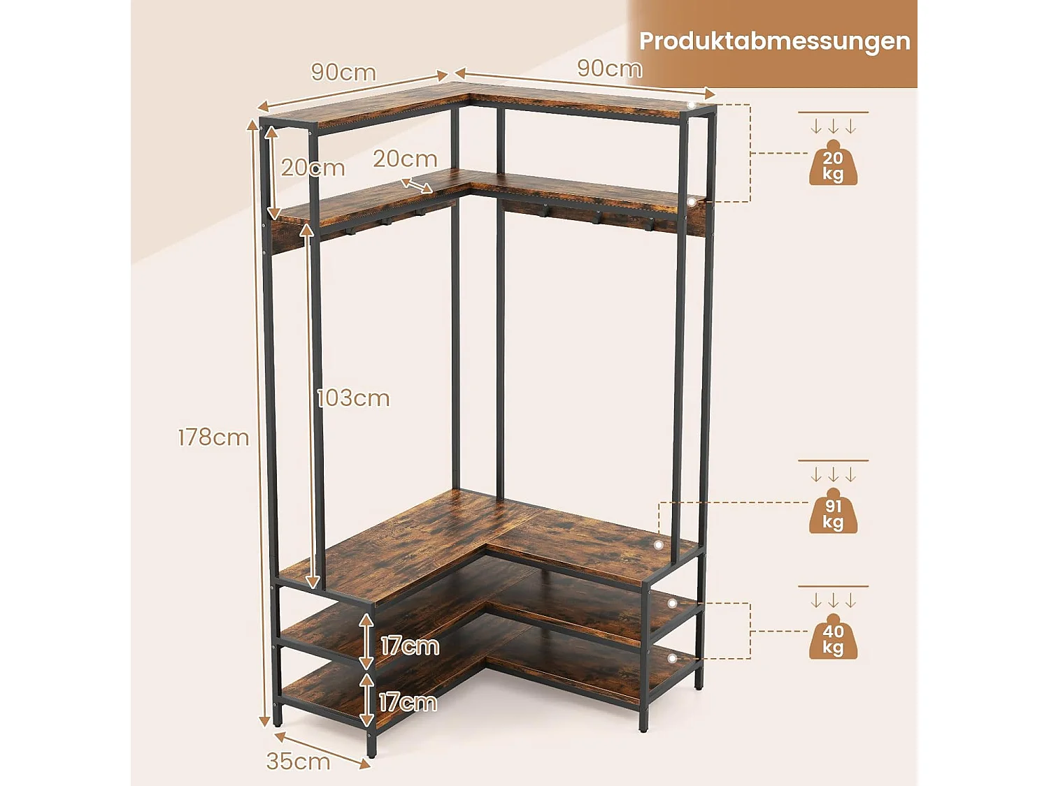 Hoekkapstok met zitbank, L-vormige kledingstandaard met open planken en 7 haken, garderobe, halgarderobe voor hal en slaapkamer, 90 x 90 x 178 cmTG32777