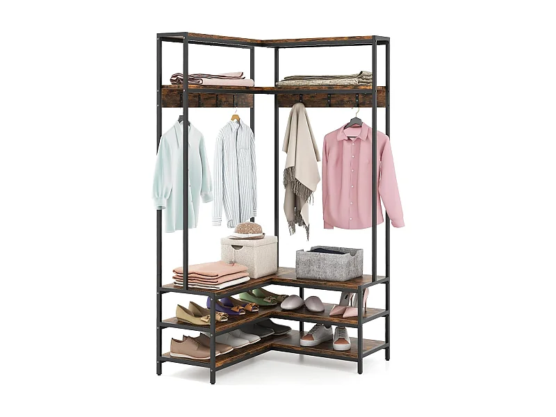 Hoekkapstok met zitbank, L-vormige kledingstandaard met open planken en 7 haken, garderobe, halgarderobe voor hal en slaapkamer, 90 x 90 x 178 cmTG32777