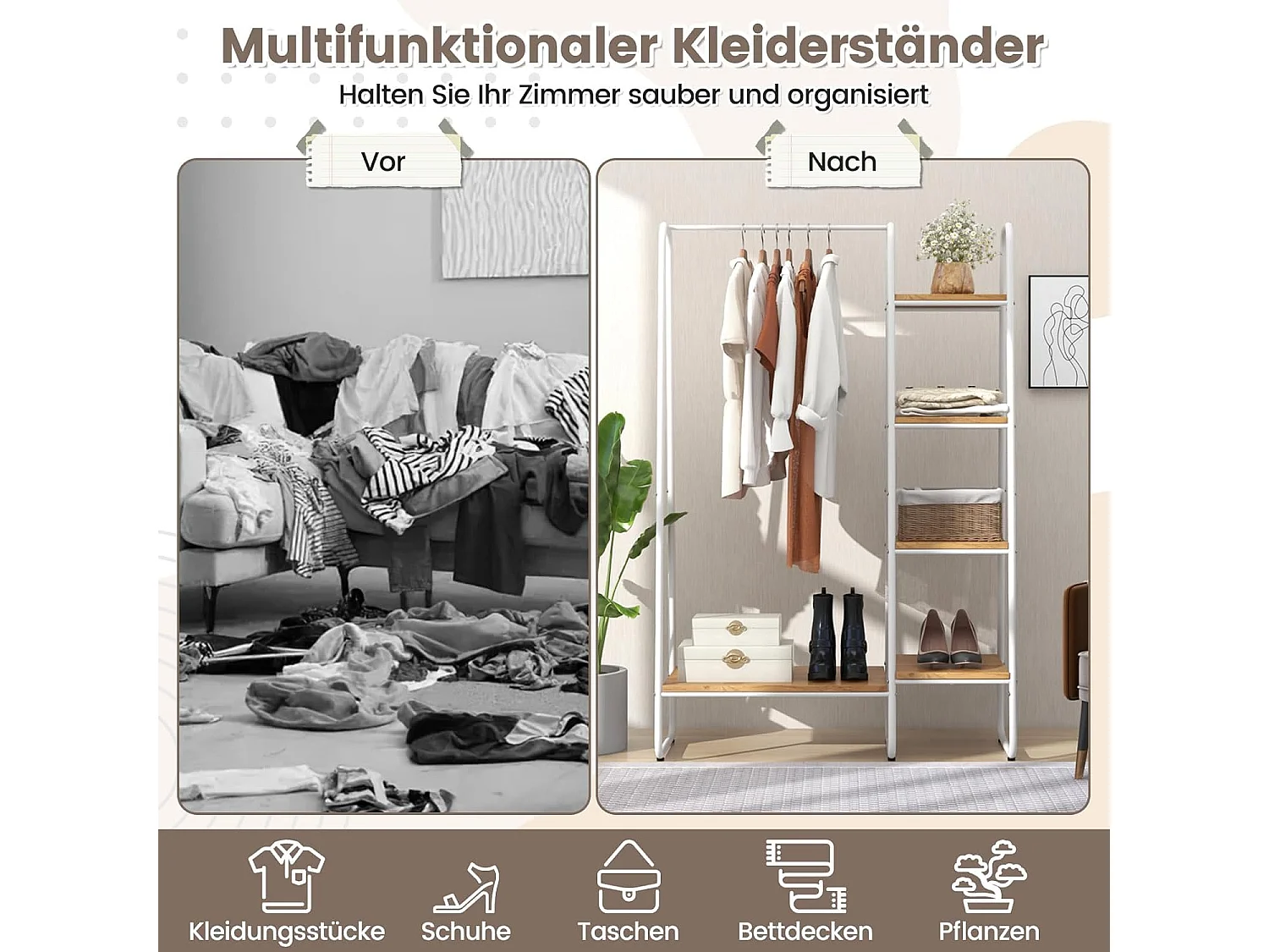 Kledingrek van metaal, vrijstaande garderobe met 4 planken, open kledingrek voor het ophangen van kleding en voor het opbergen van slaapkamer,entree(natuur)VL32545