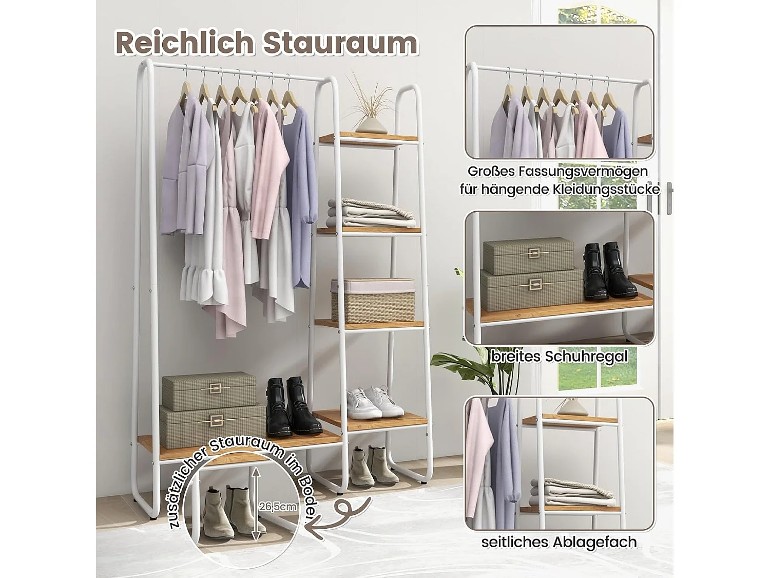 Kledingrek van metaal, vrijstaande garderobe met 4 planken, open kledingrek voor het ophangen van kleding en voor het opbergen van slaapkamer,entree(natuur)VL32545