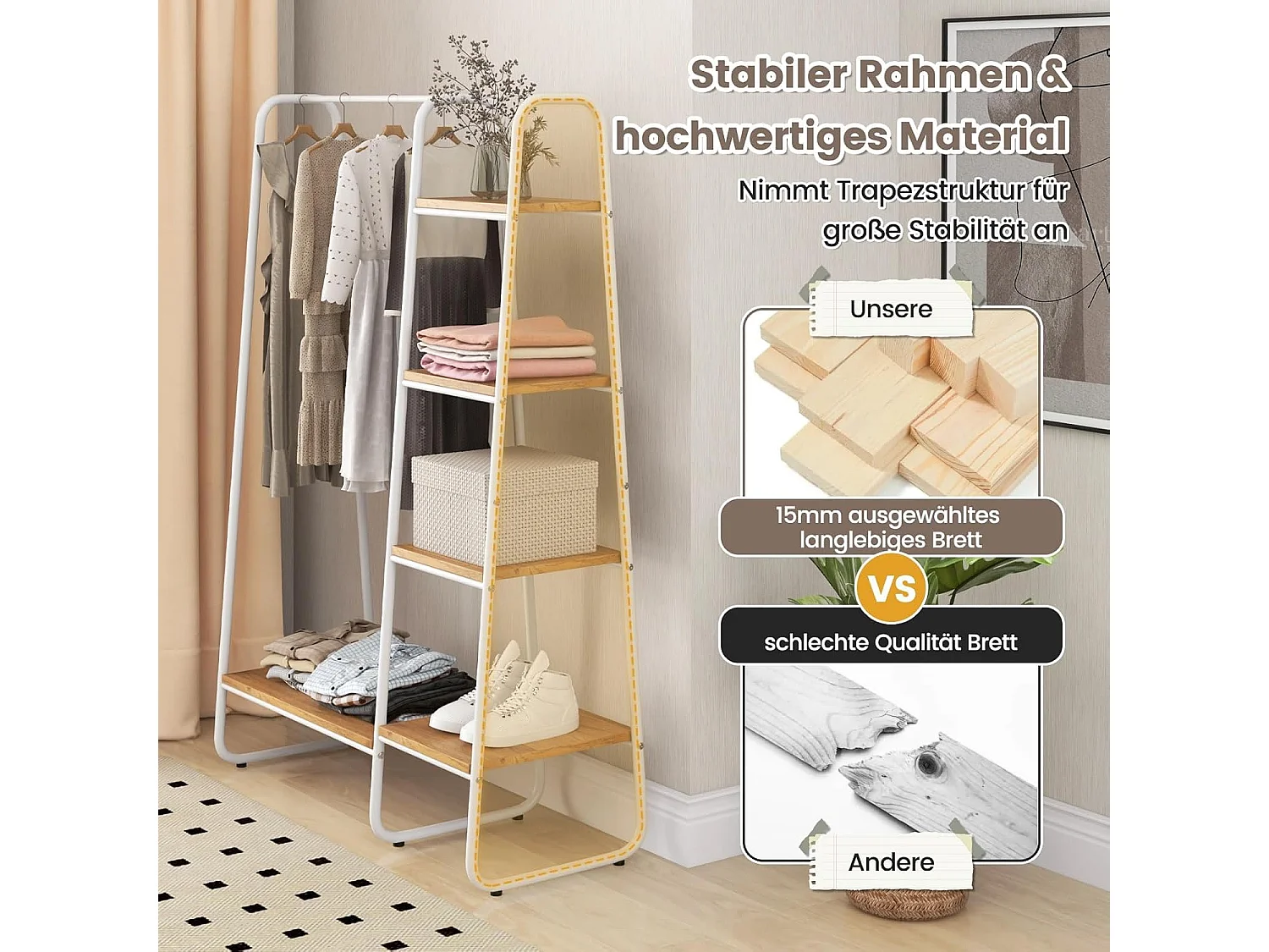 Kledingrek van metaal, vrijstaande garderobe met 4 planken, open kledingrek voor het ophangen van kleding en voor het opbergen van slaapkamer,entree(natuur)VL32545