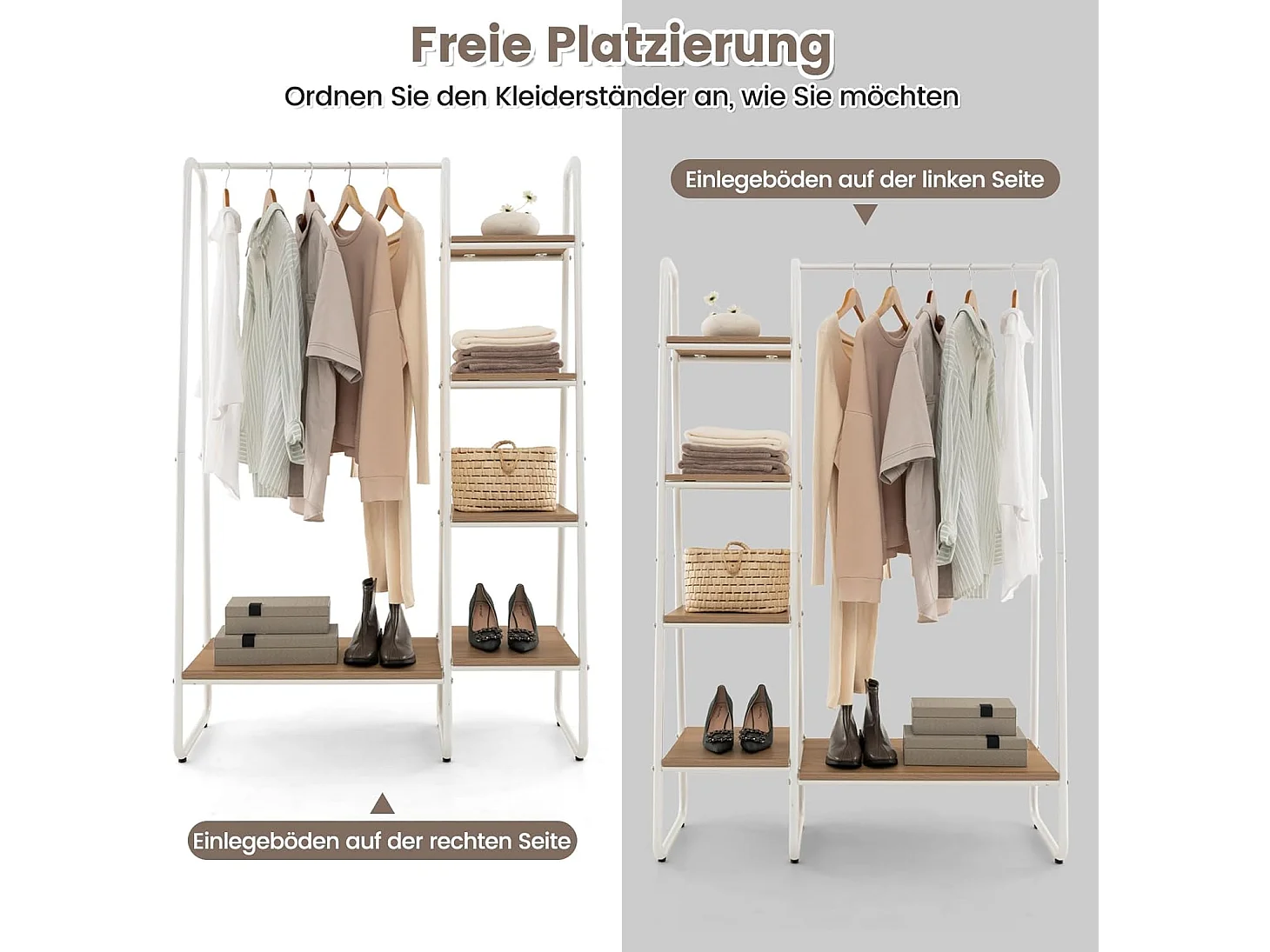 Kledingrek van metaal, vrijstaande garderobe met 4 planken, open kledingrek voor het ophangen van kleding en voor het opbergen van slaapkamer,entree(natuur)VL32545