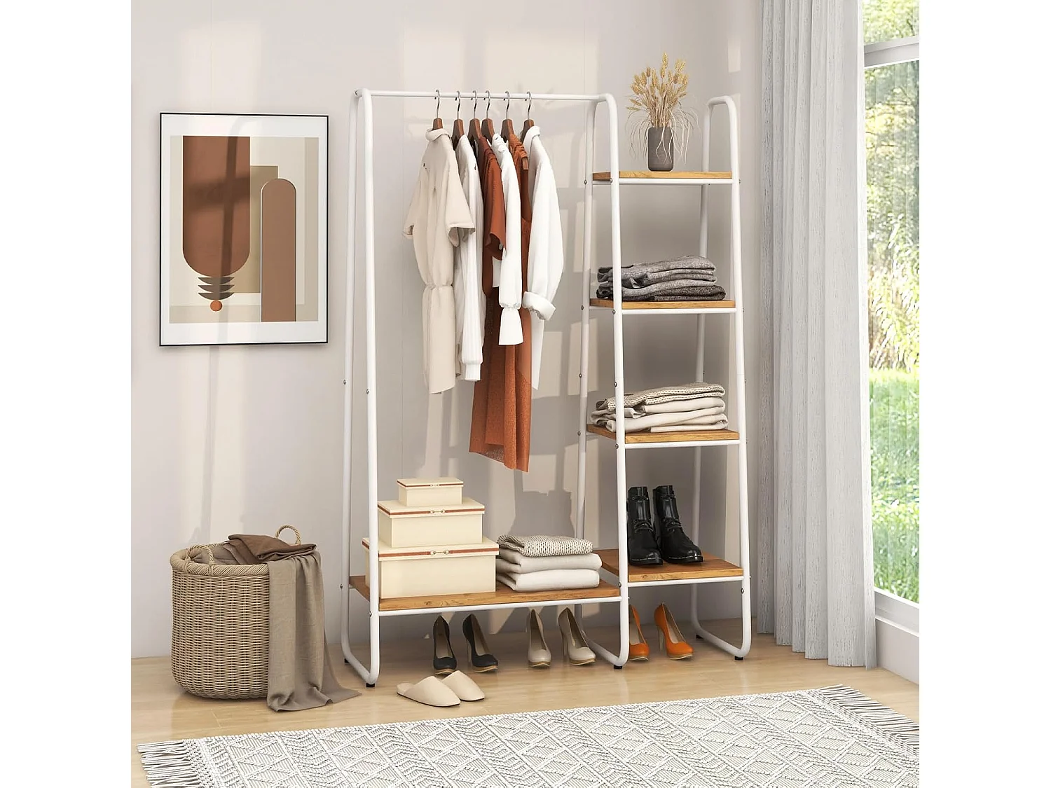 Kledingrek van metaal, vrijstaande garderobe met 4 planken, open kledingrek voor het ophangen van kleding en voor het opbergen van slaapkamer,entree(natuur)VL32545