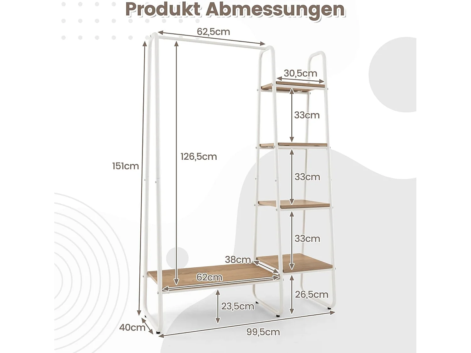 Kledingrek van metaal, vrijstaande garderobe met 4 planken, open kledingrek voor het ophangen van kleding en voor het opbergen van slaapkamer,entree(natuur)VL32545
