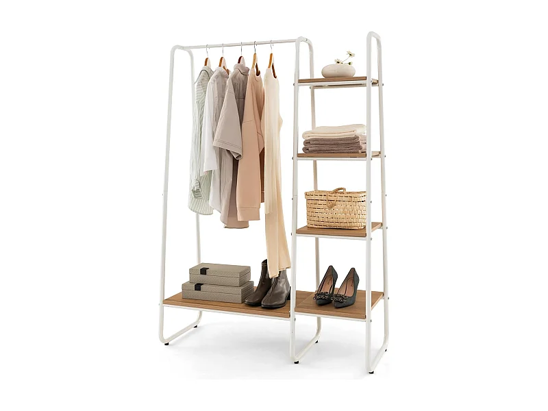 Kledingrek van metaal, vrijstaande garderobe met 4 planken, open kledingrek voor het ophangen van kleding en voor het opbergen van slaapkamer,entree(natuur)VL32545