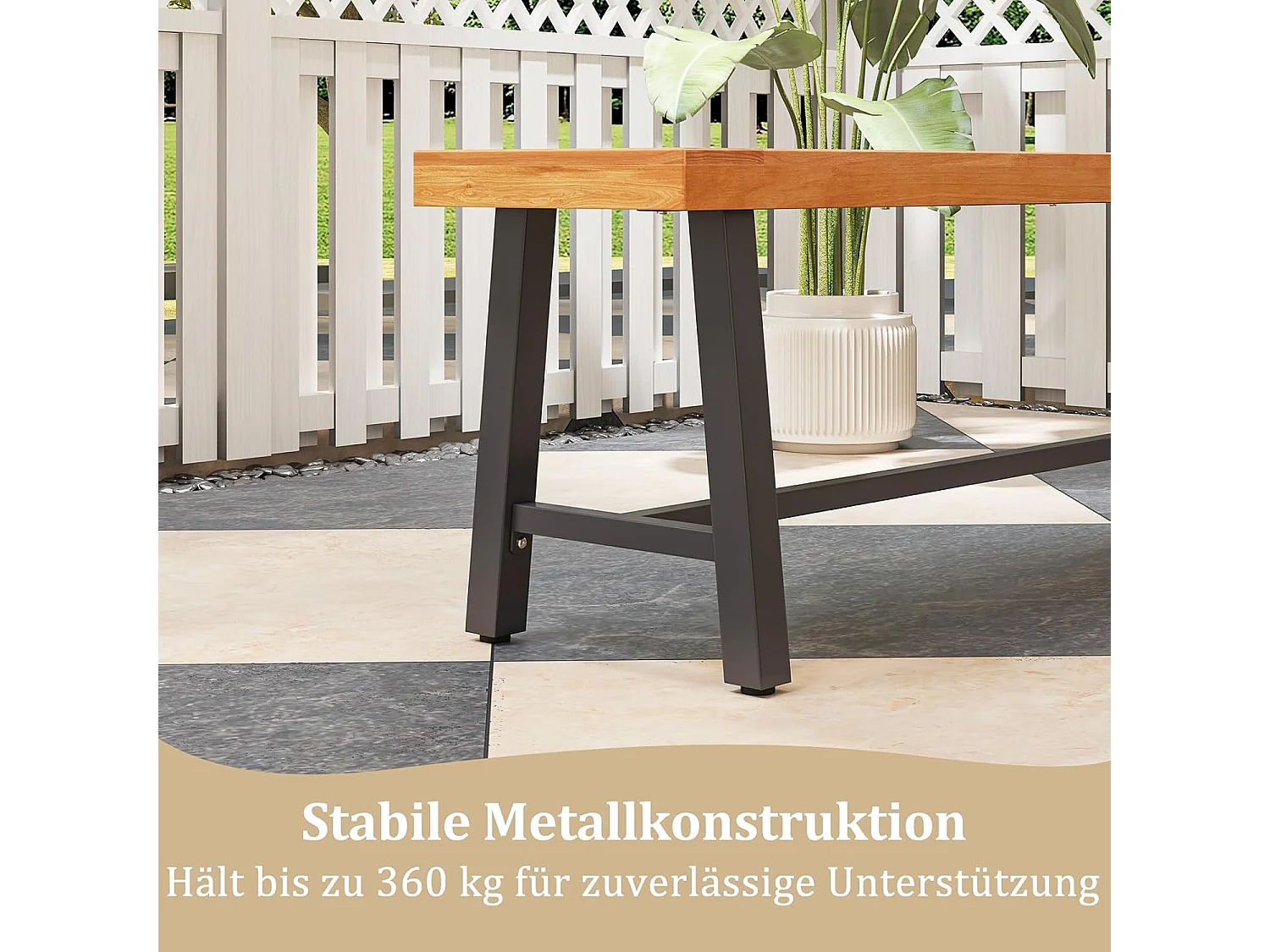 Tuinbank, weerbestendig, 3-zitsbank zonder rugleuning, parkbank van acaciahout en metaal, terrasbank tot 360 kg belastbaar,balkon, terras, 160 x 32 x 45 cm